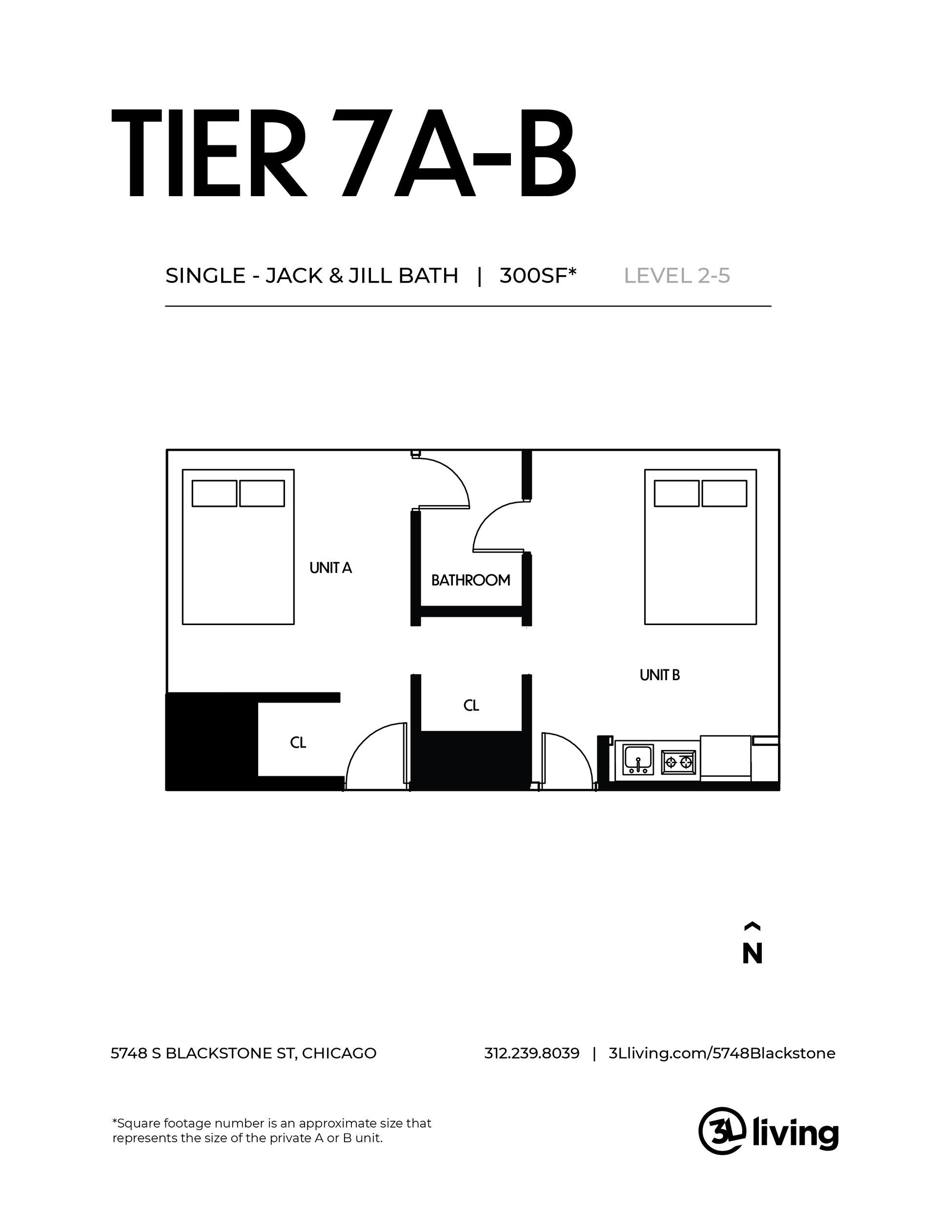 A black and white floor plan of a tier 7a-b apartment.