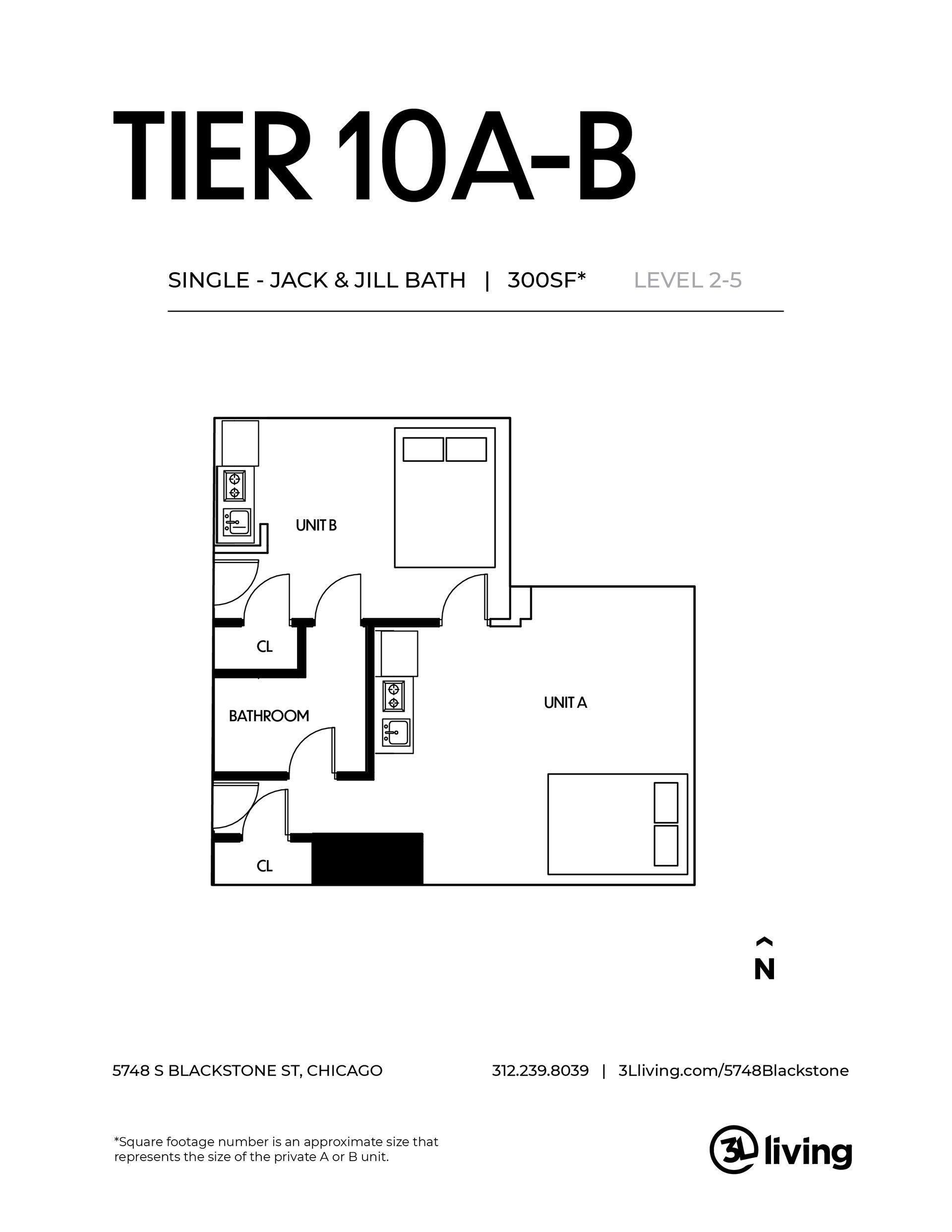 A black and white floor plan of a tier 10a-b apartment.