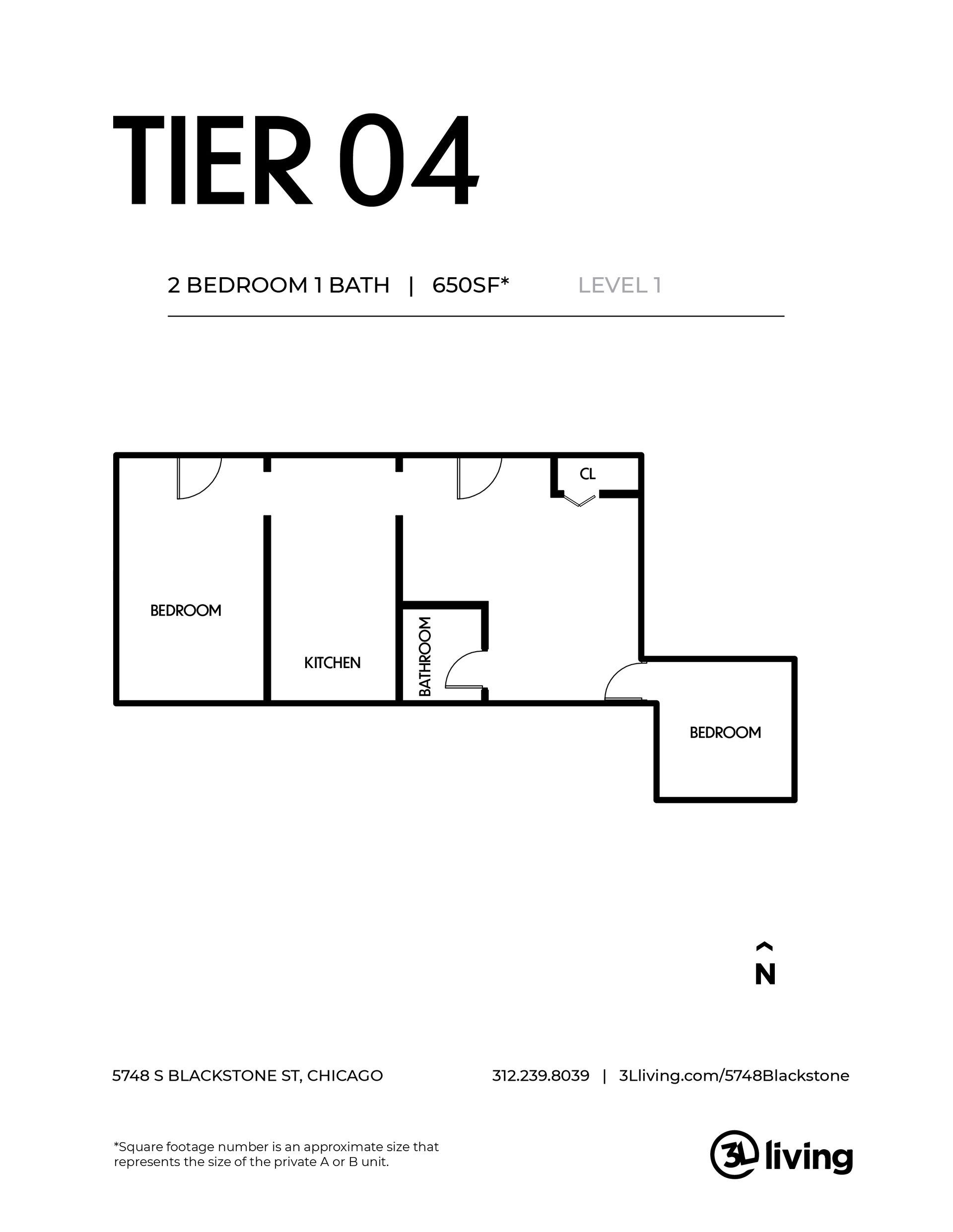 A black and white floor plan of a tier 04 apartment.