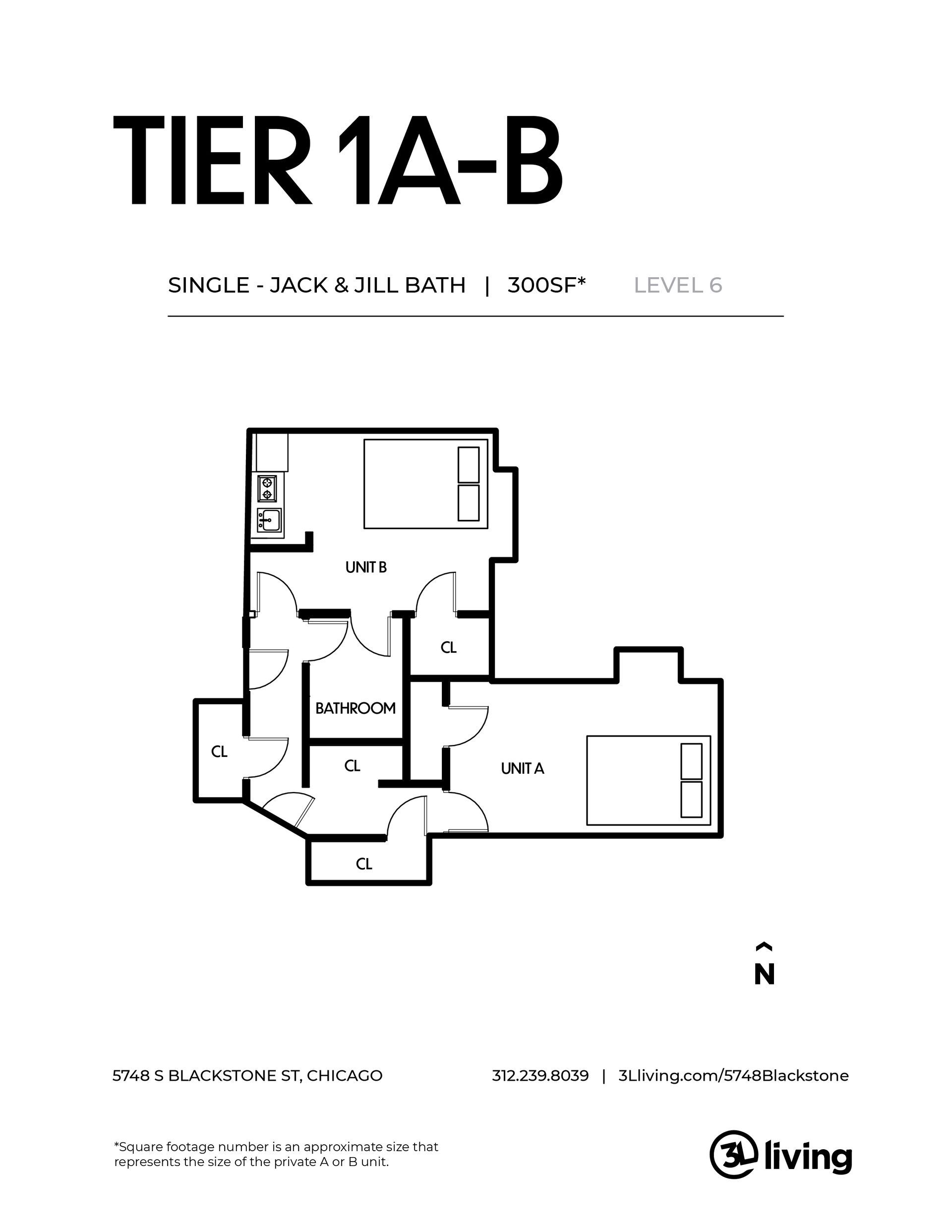 A black and white floor plan of a tier 1a - b apartment.