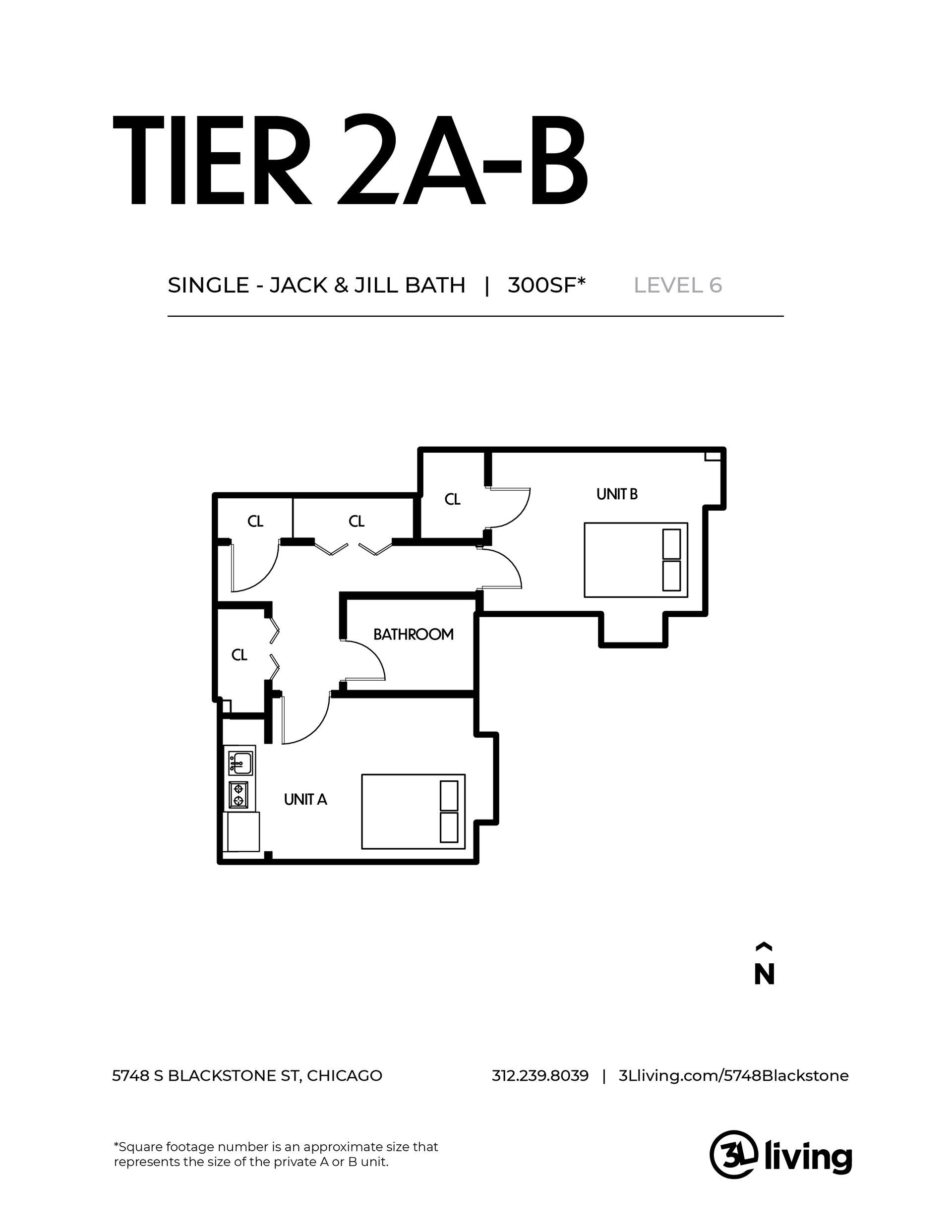 A black and white floor plan of a tier 2a-b apartment.