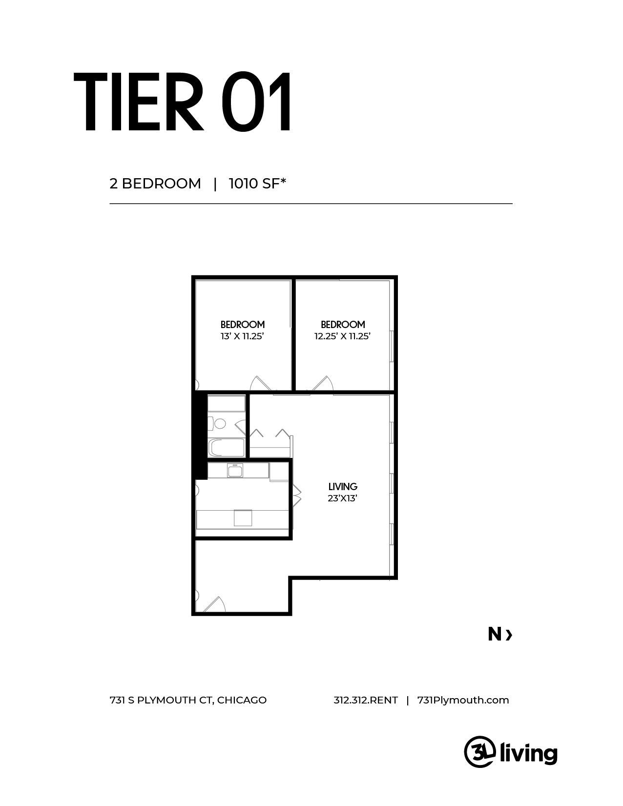 A black and white floor plan of a 2 bedroom apartment.