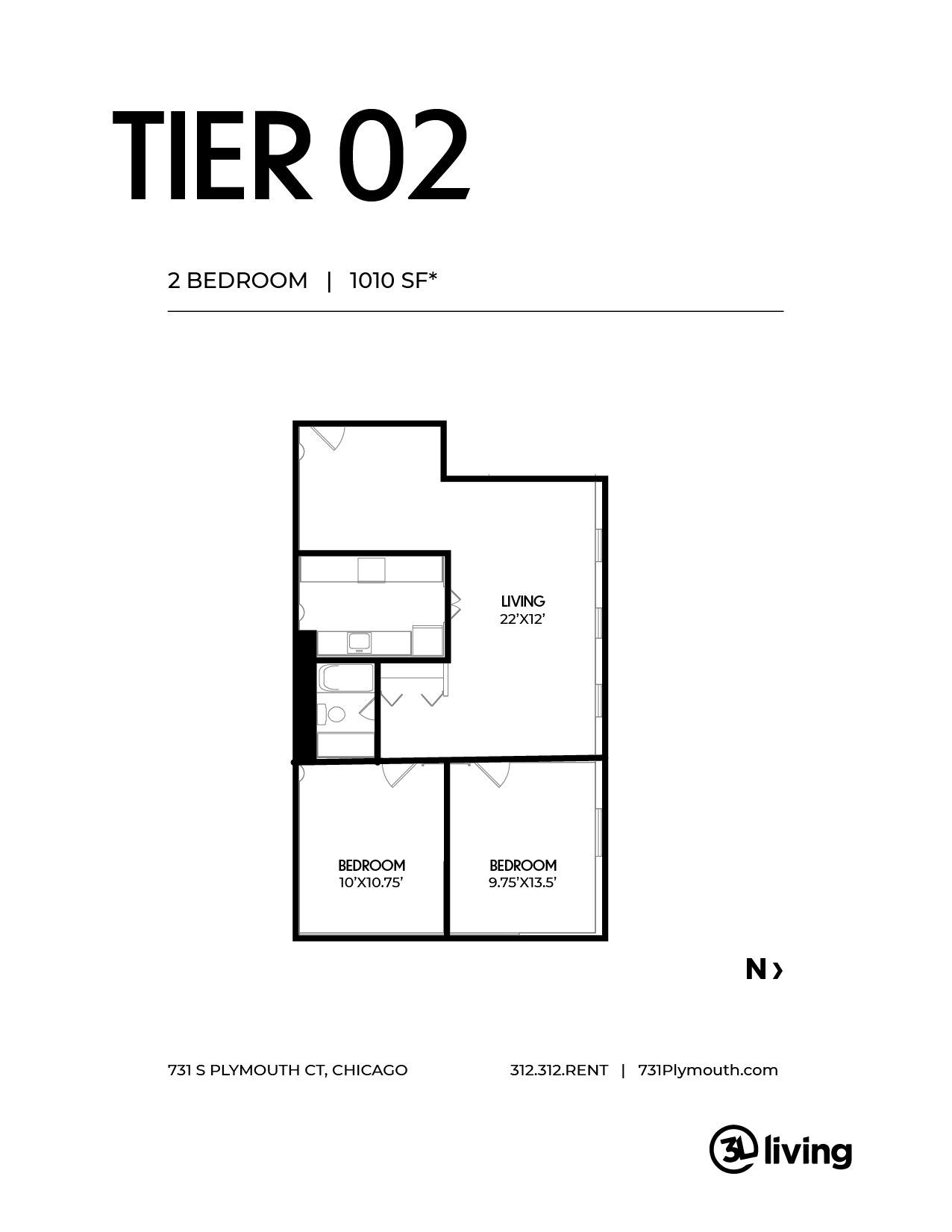 A black and white floor plan of a 2 bedroom apartment.