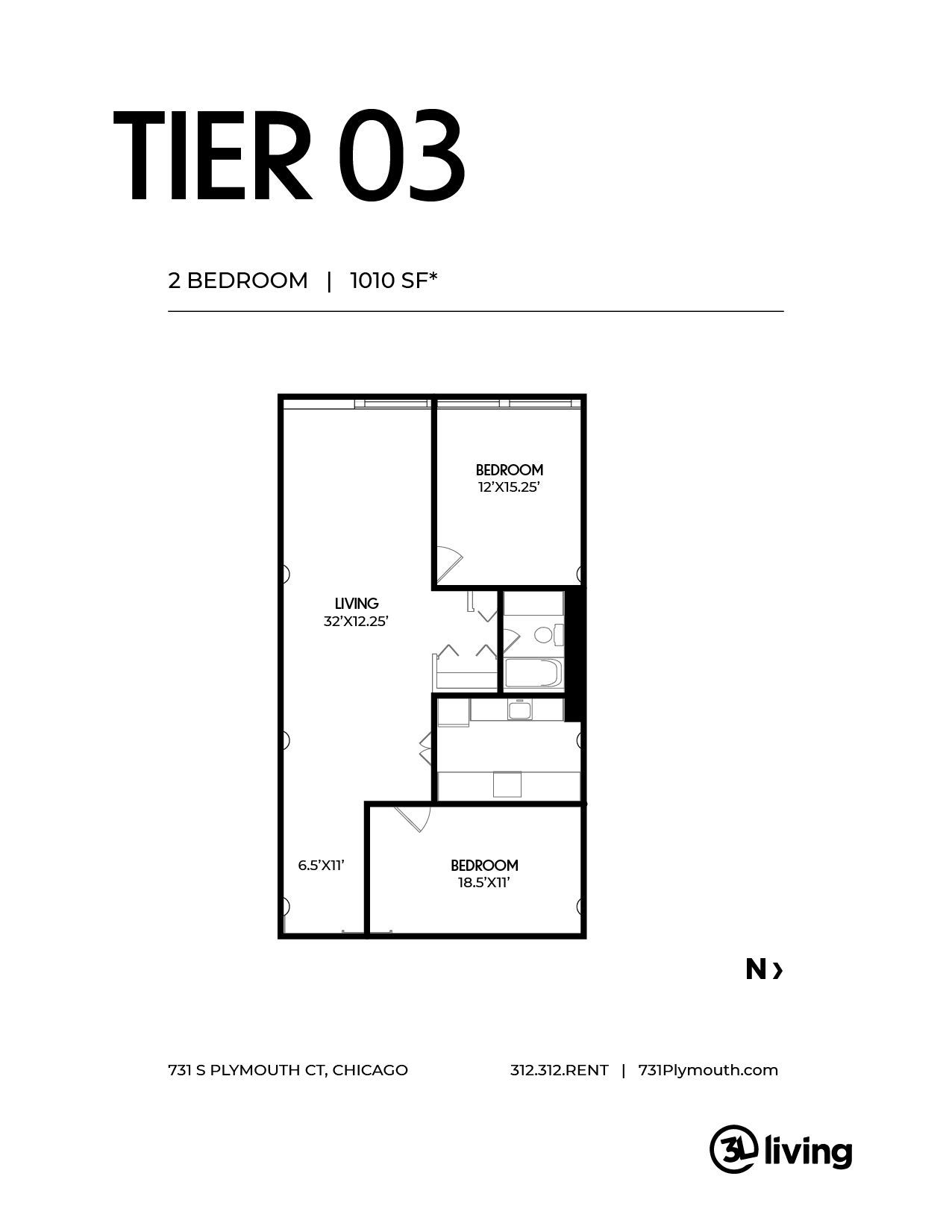 A black and white floor plan of a tier 03 apartment.