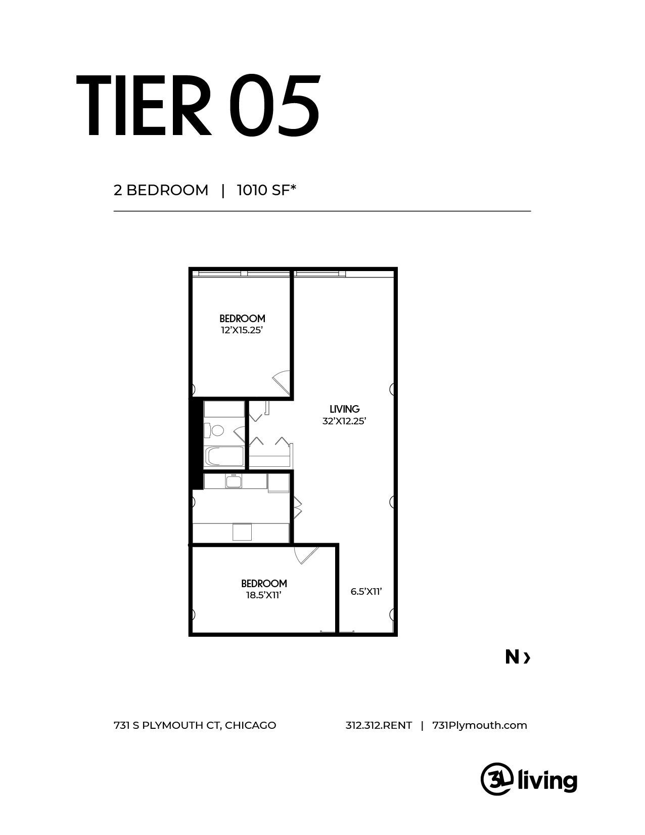 A black and white floor plan of a tier 05 apartment.