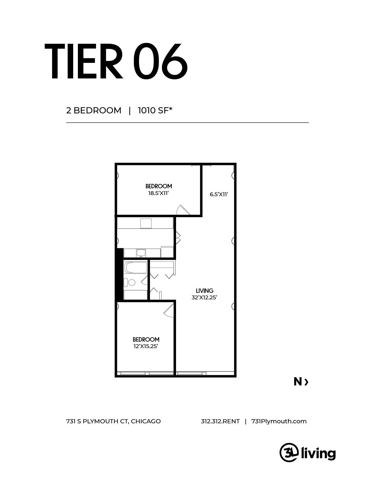 A black and white floor plan of a tier 06 apartment.