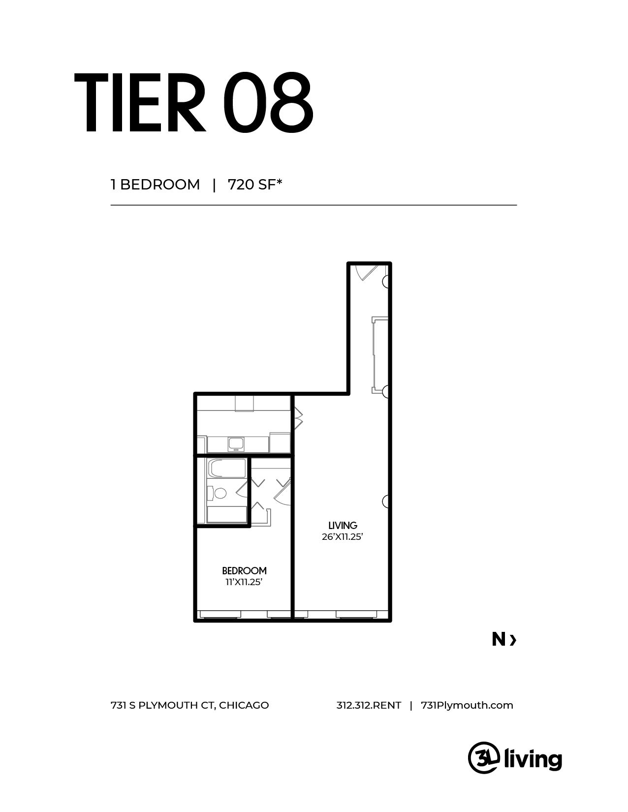 A black and white floor plan of a tier 08 apartment.