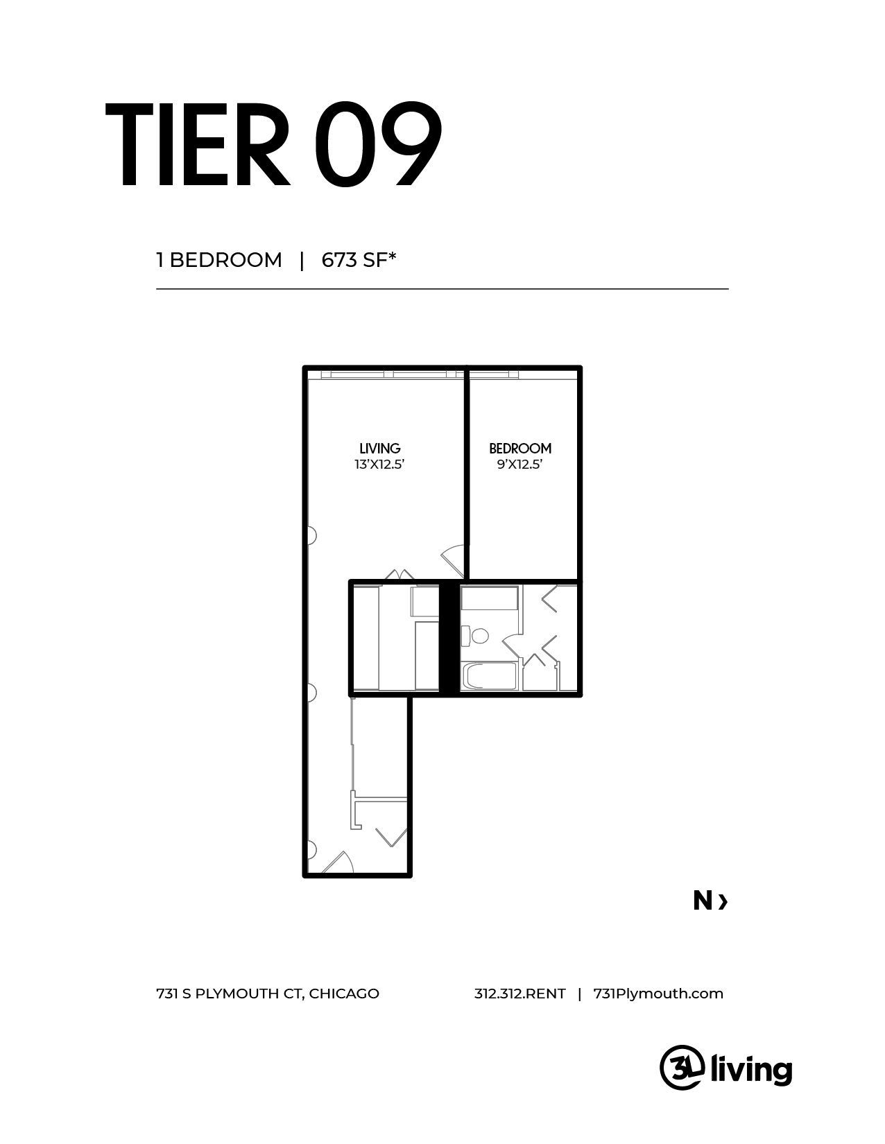 A black and white floor plan of a tier 09 apartment.