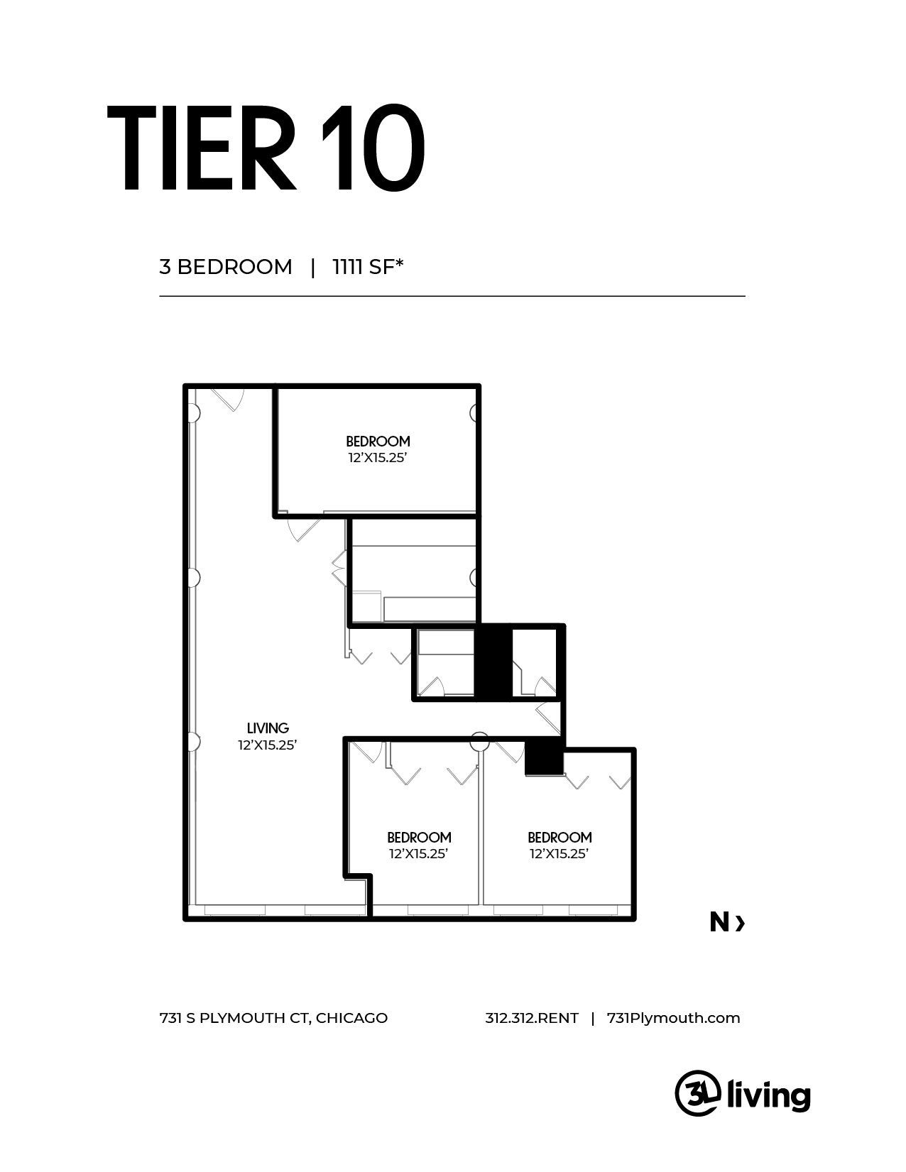 A black and white floor plan of a 3 bedroom apartment.