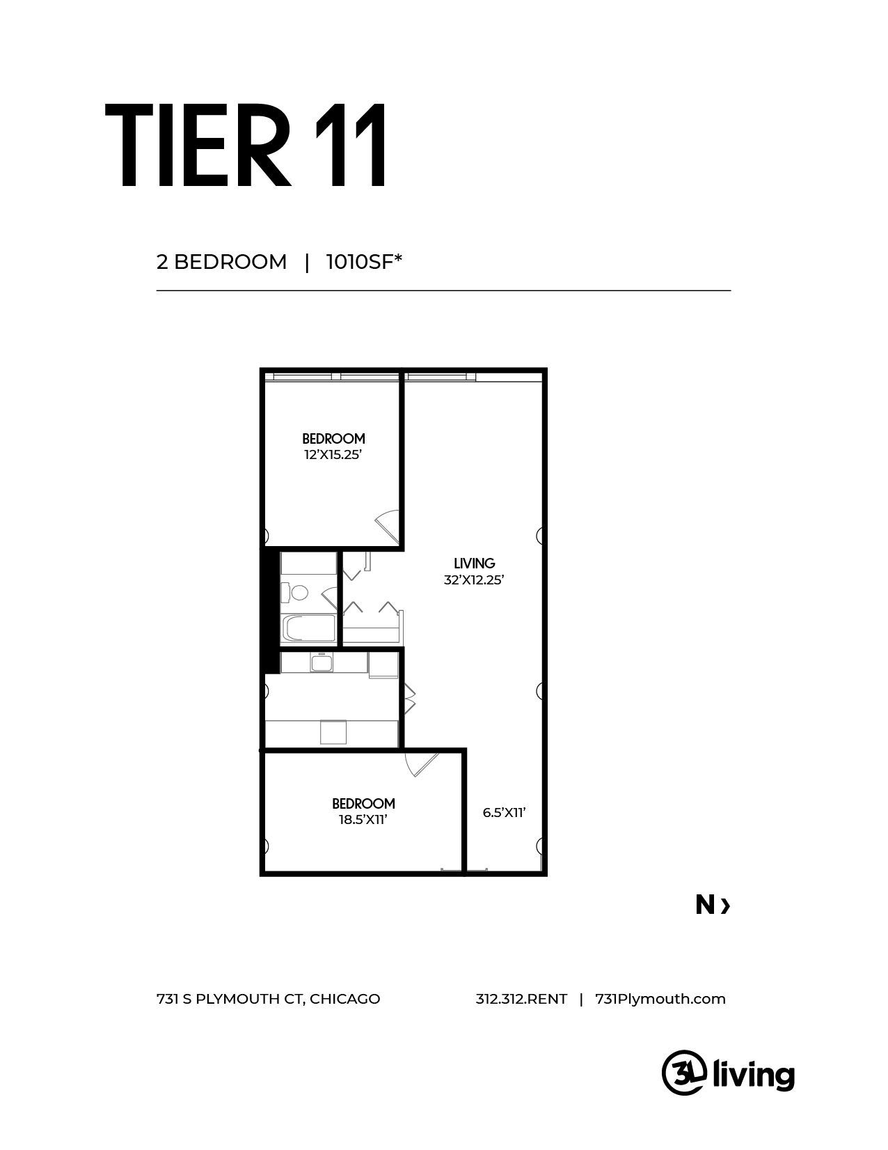 A black and white floor plan of a tier 11 apartment.