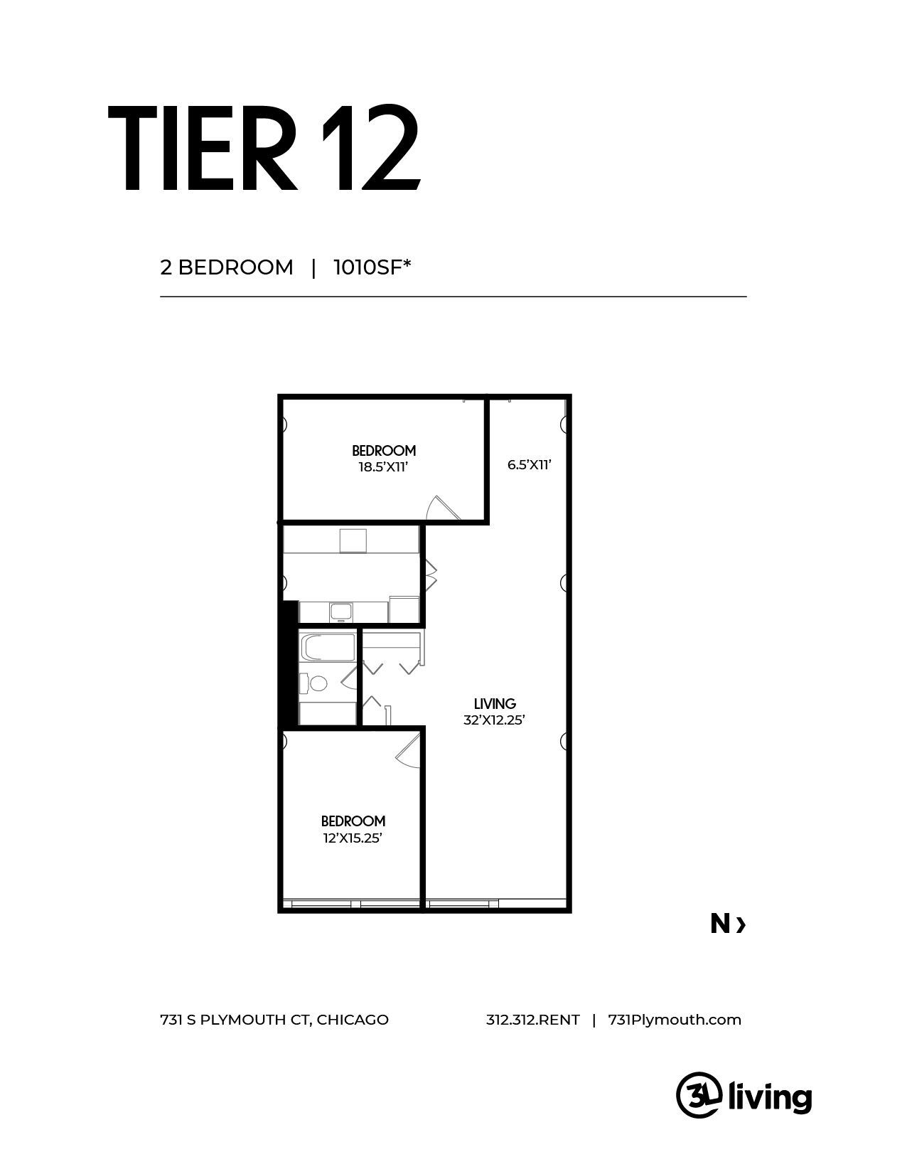 A black and white floor plan of a tier 12 apartment.