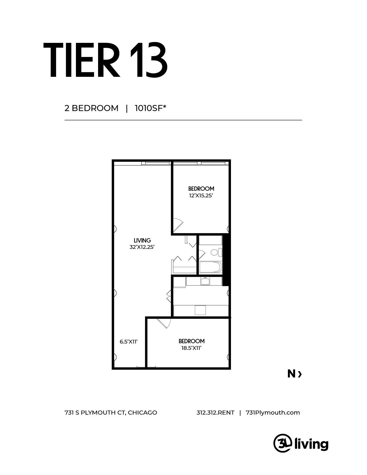 A black and white floor plan of a tier 13 apartment.