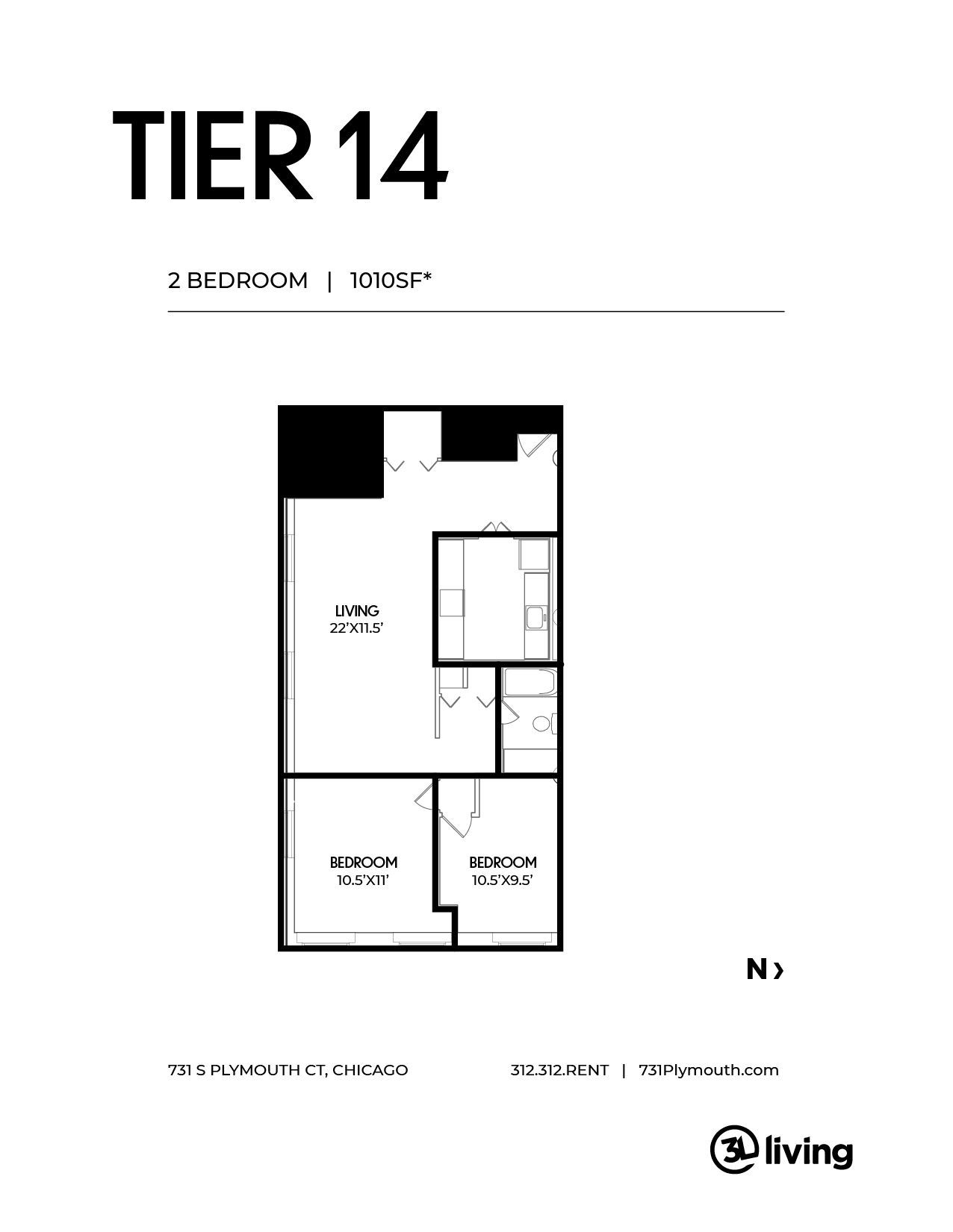 A black and white floor plan of a tier 14 apartment.