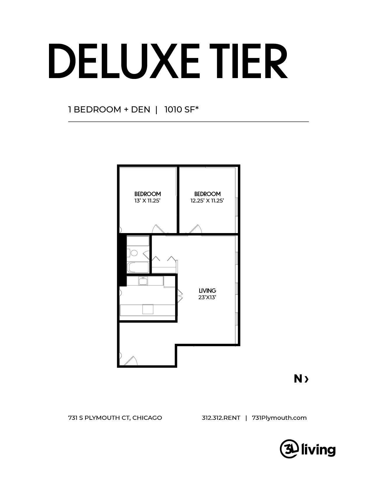 A black and white floor plan of a deluxe tier apartment.