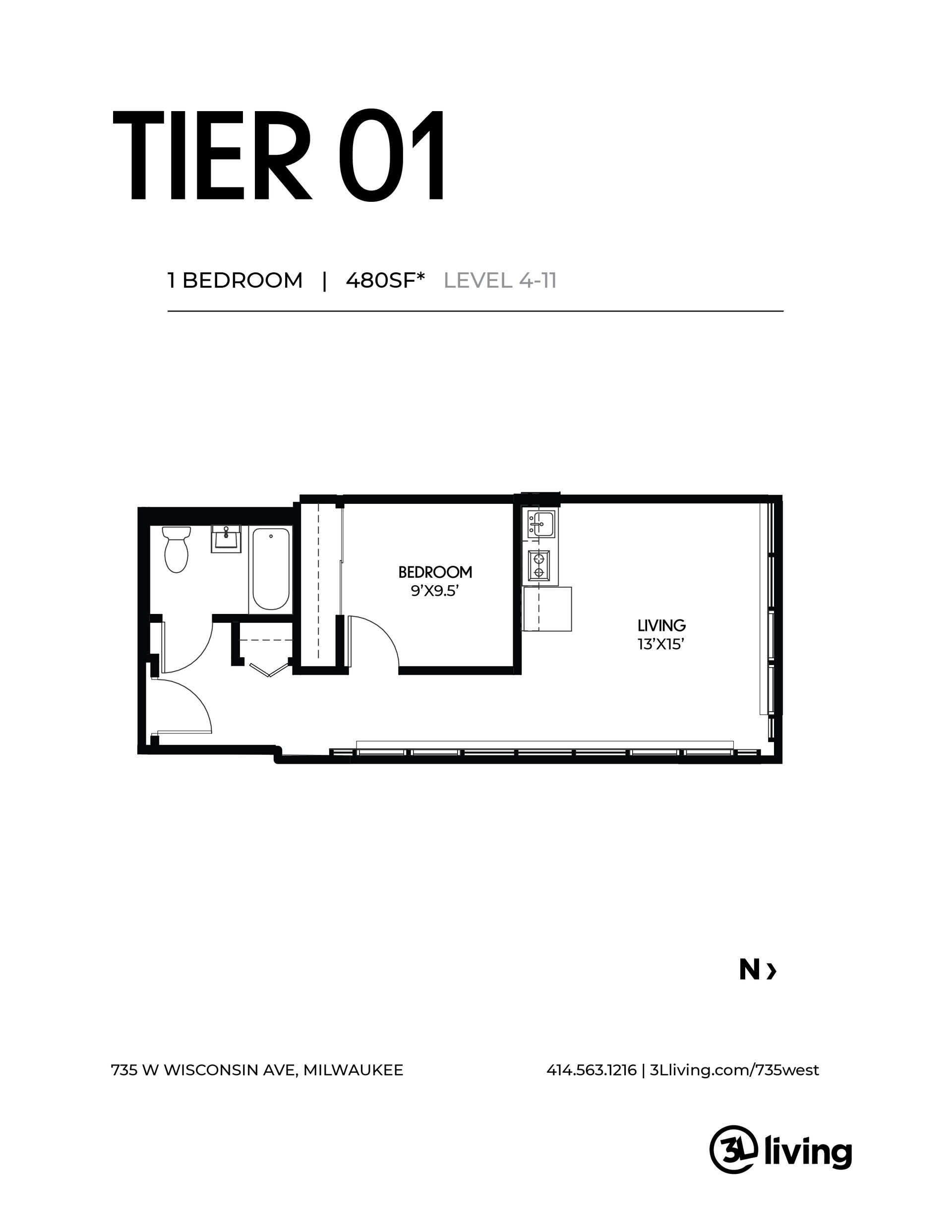 A black and white floor plan of a tier 01 apartment.