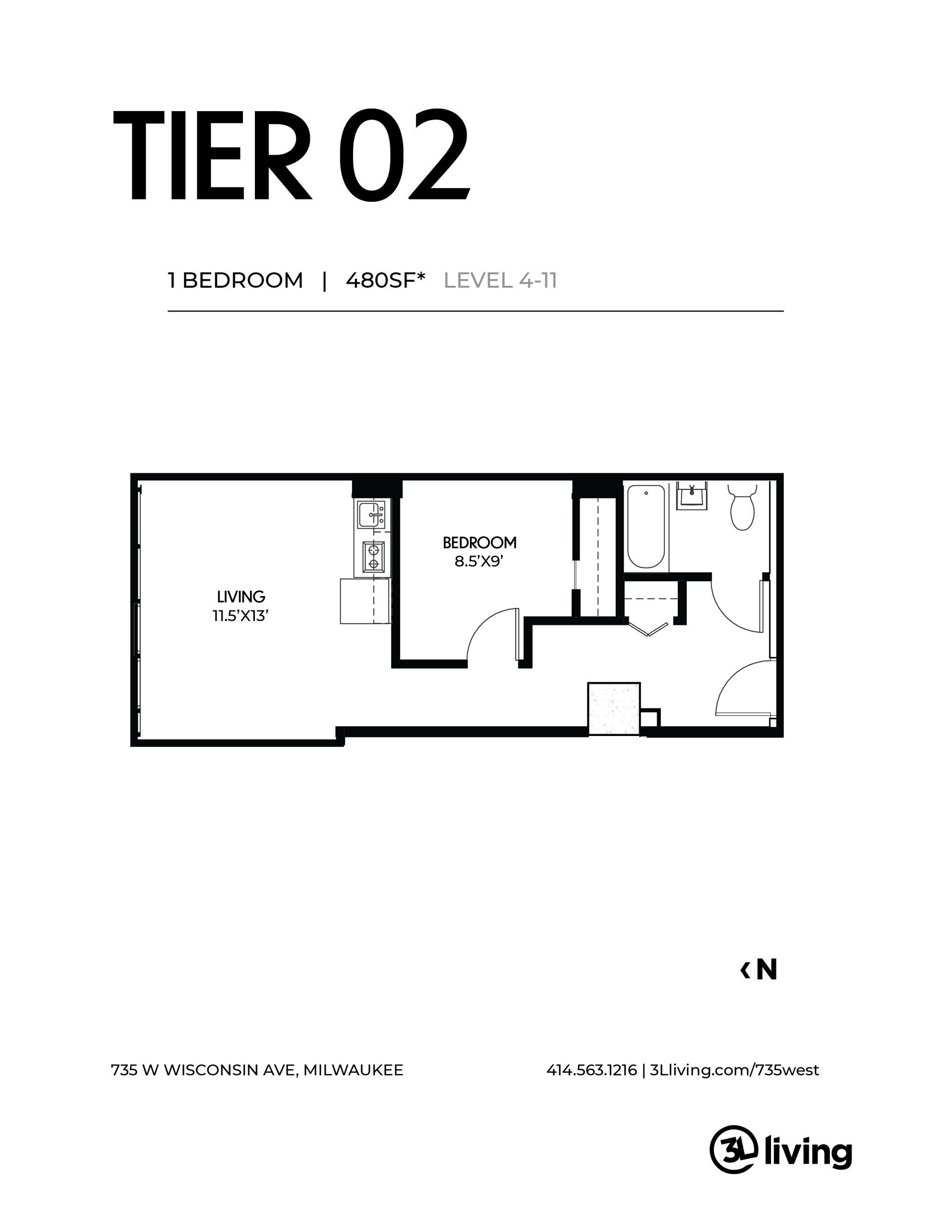 A black and white floor plan of a tier 02 apartment.