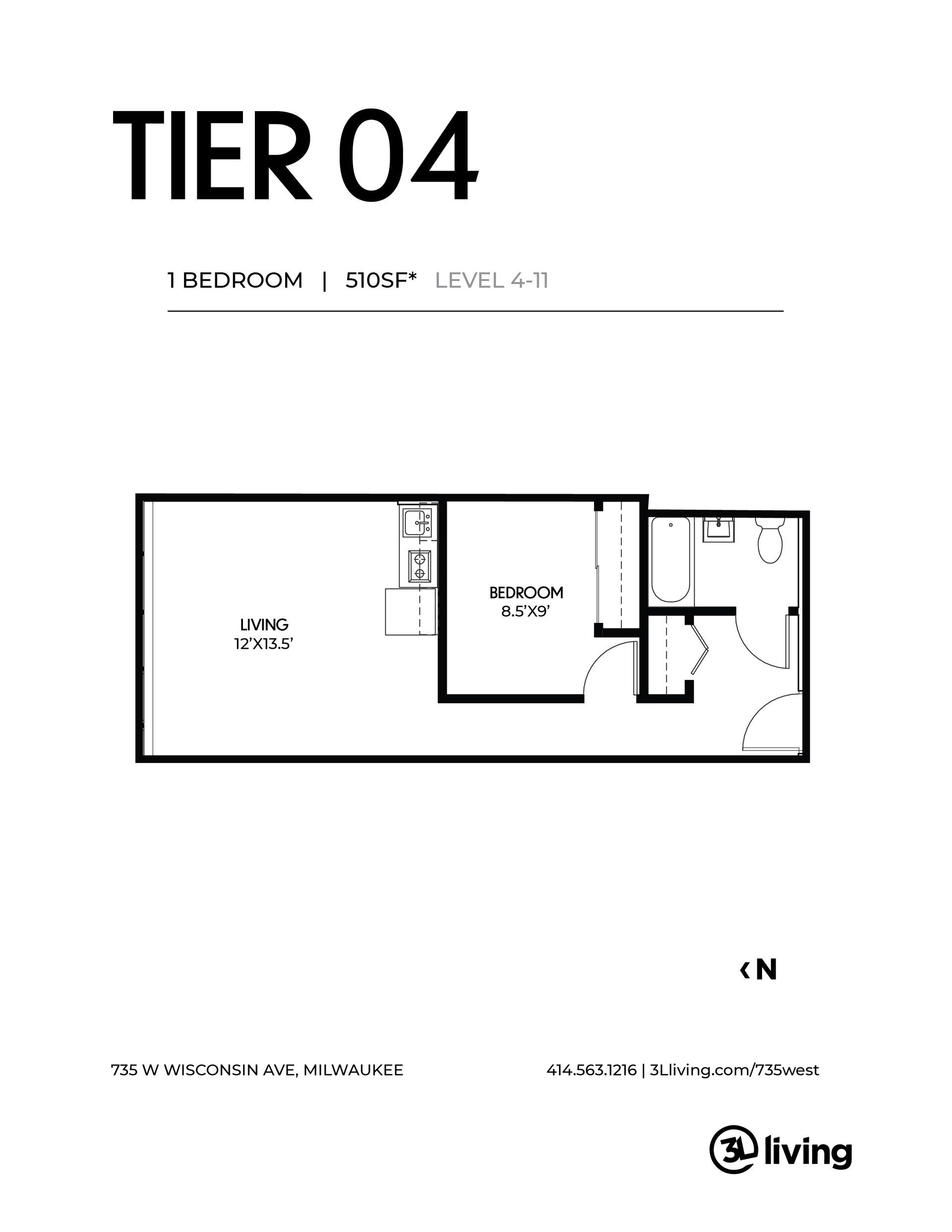 A black and white floor plan of a tier 04 apartment.