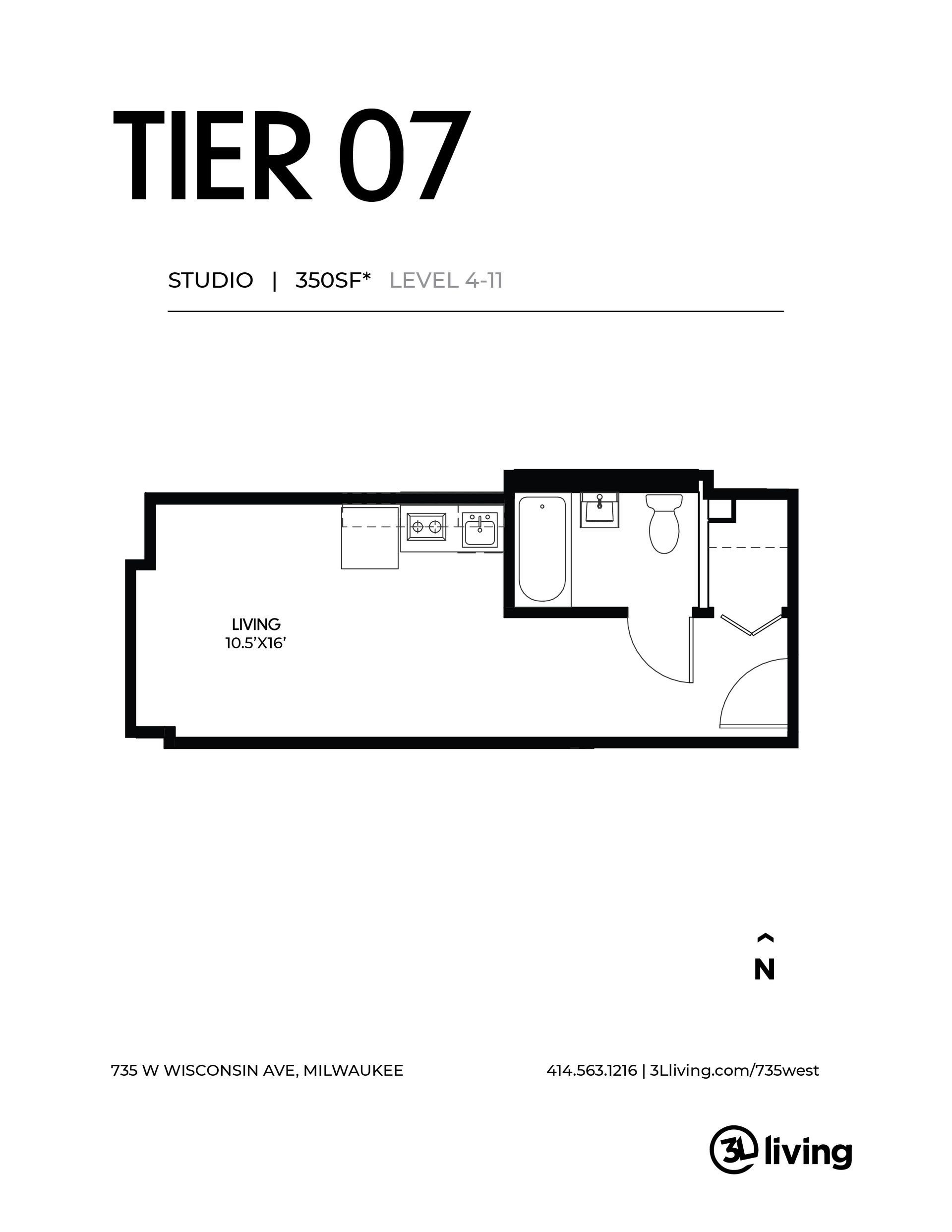 A black and white floor plan of a tier 07 apartment.