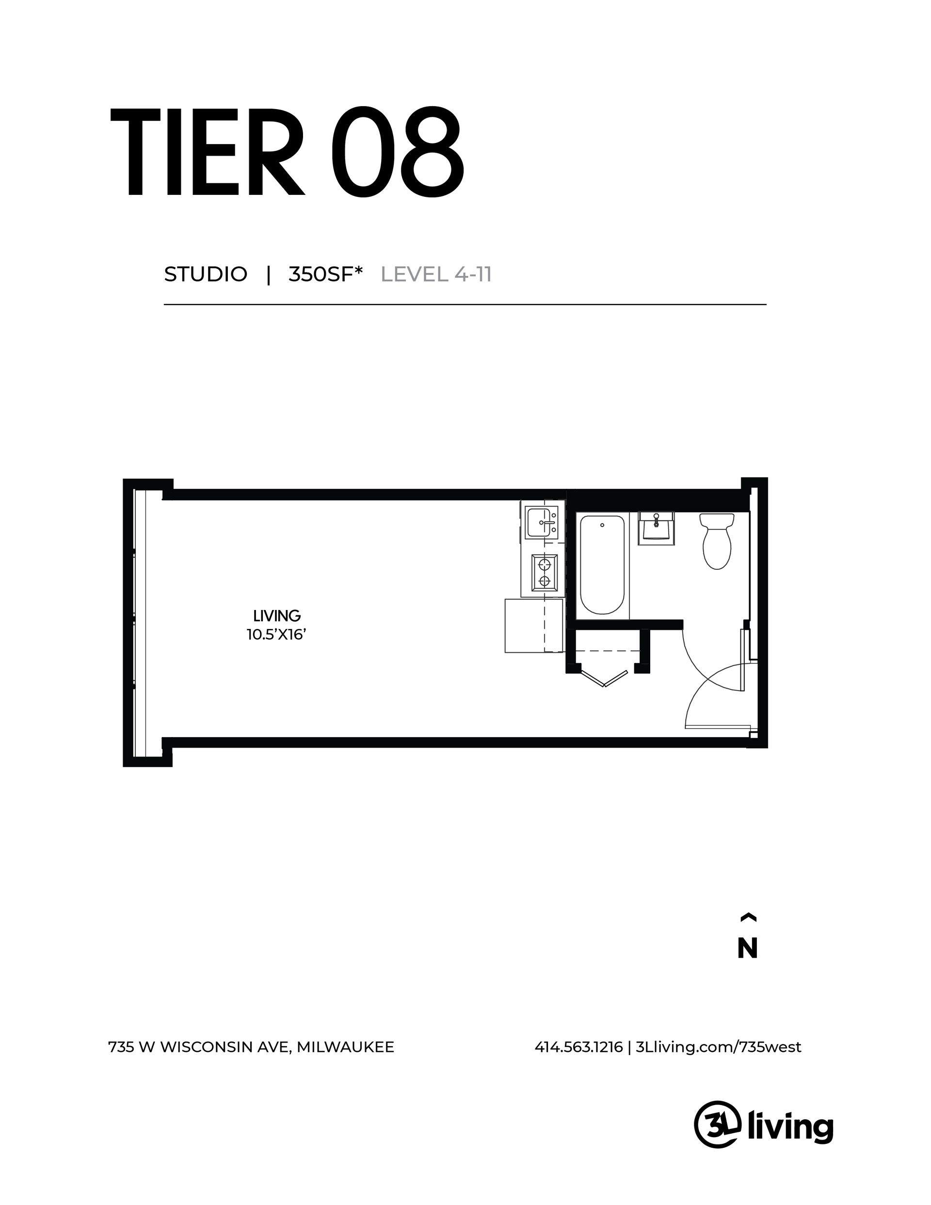 A black and white floor plan of a tier 08 apartment.