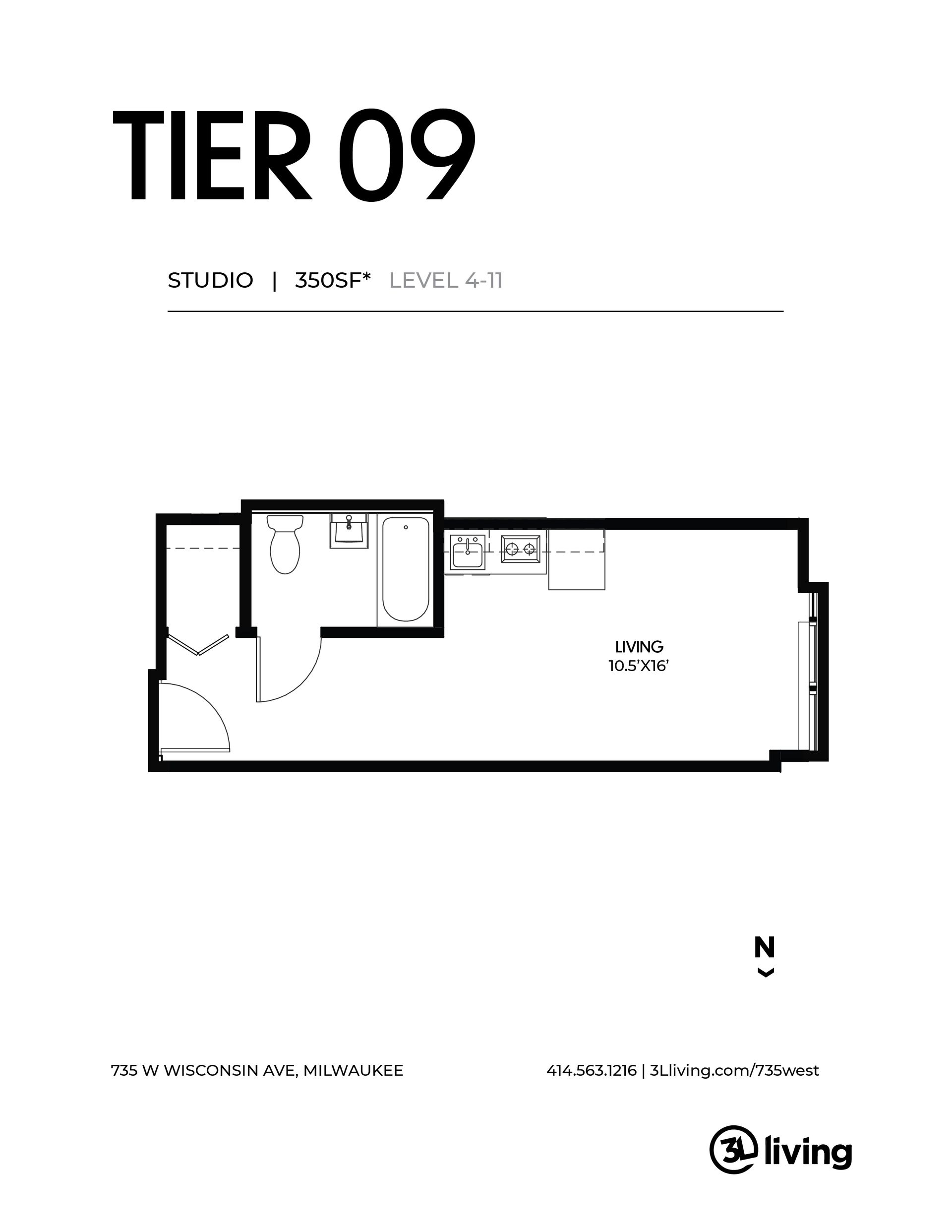 A black and white floor plan of a tier 09 apartment.