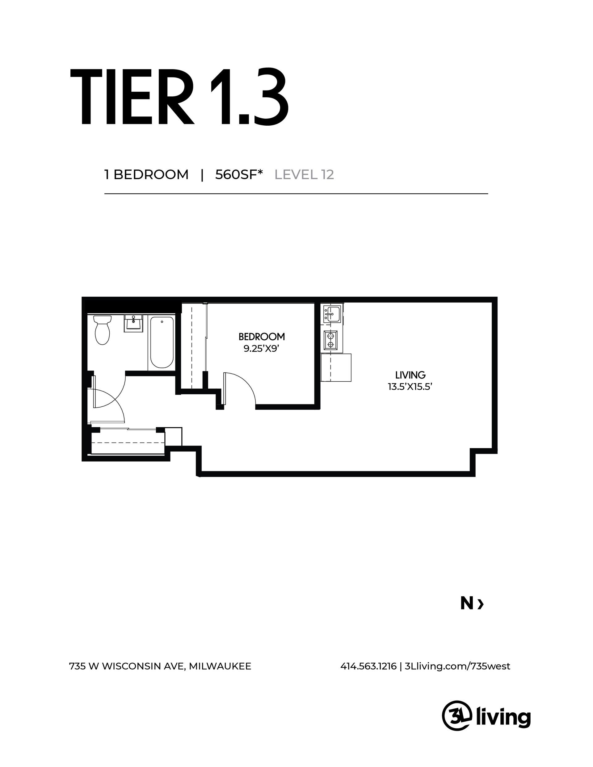 A black and white floor plan of a tier 1.3 apartment.