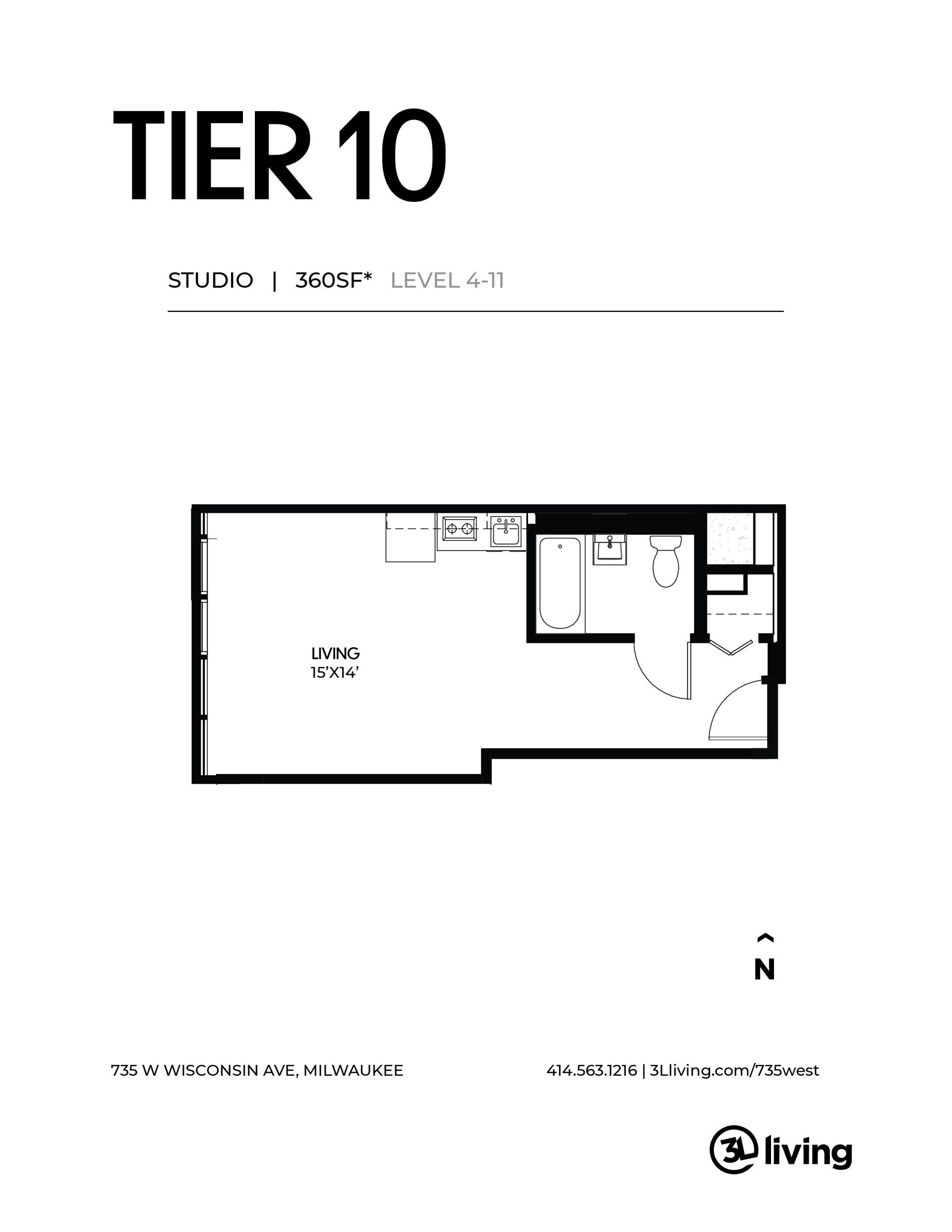 A black and white floor plan of a tier 10 apartment.