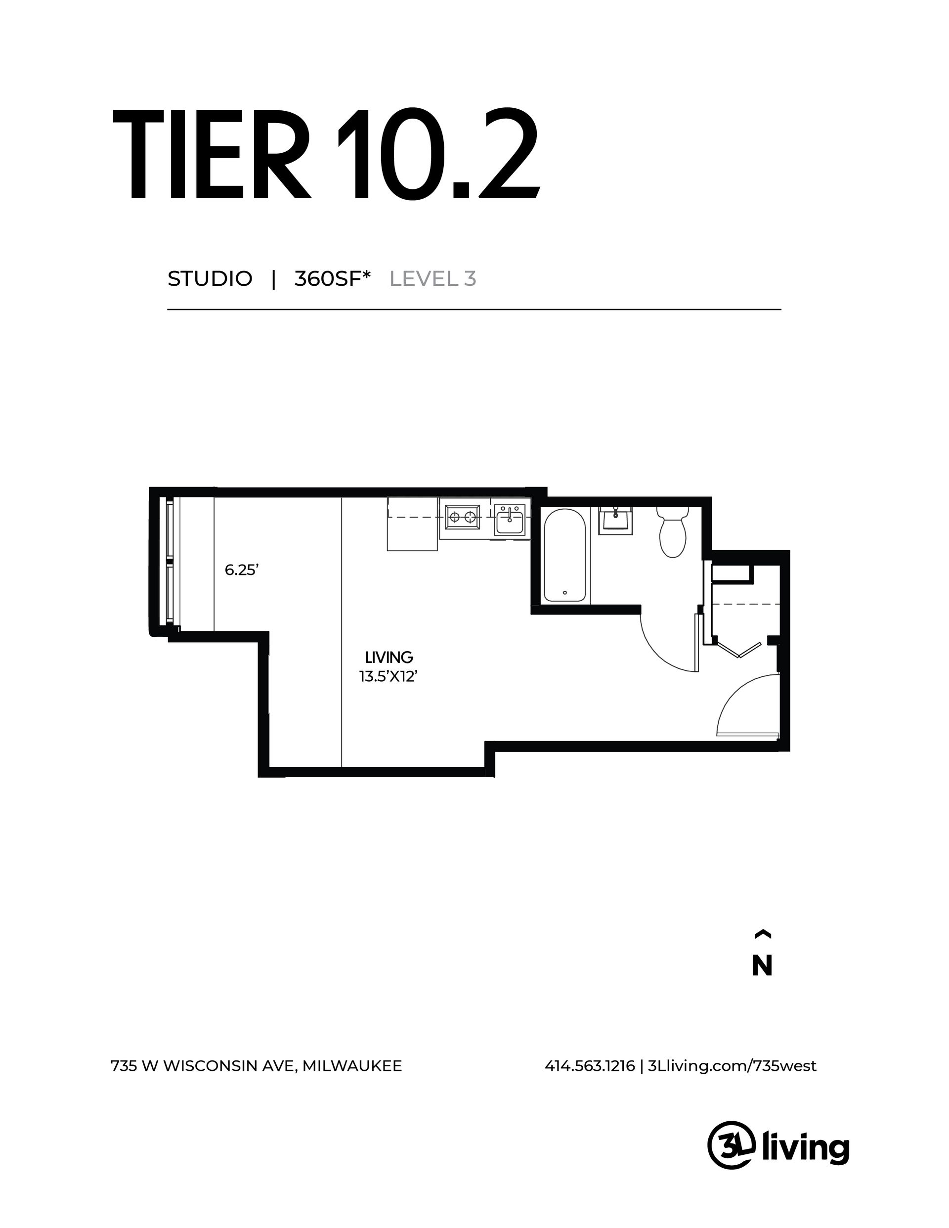 A black and white floor plan of a tier 10.2 apartment.