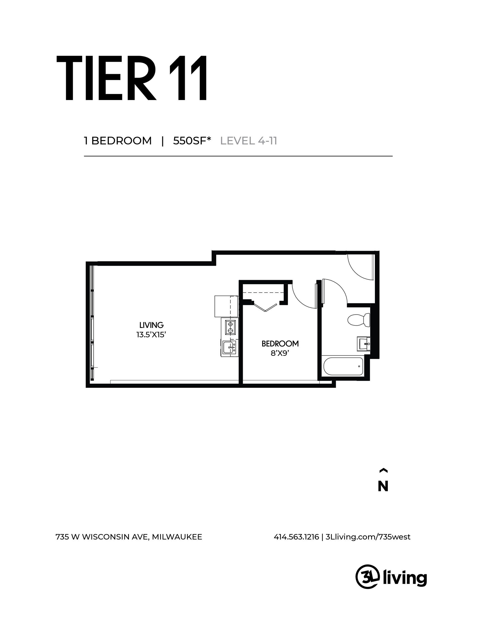 A black and white floor plan of a tier 11 apartment.