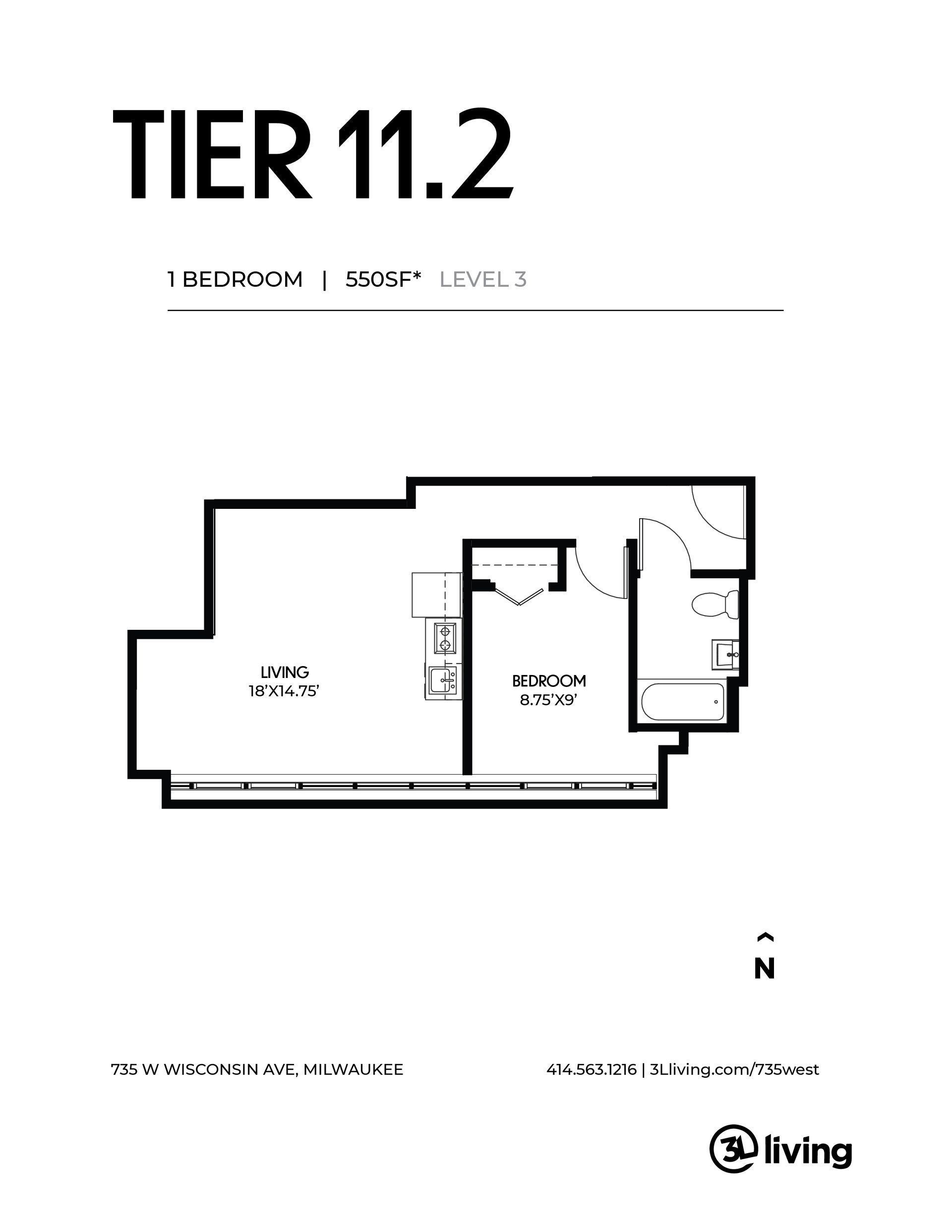 A black and white floor plan of a tier 11.2 apartment.