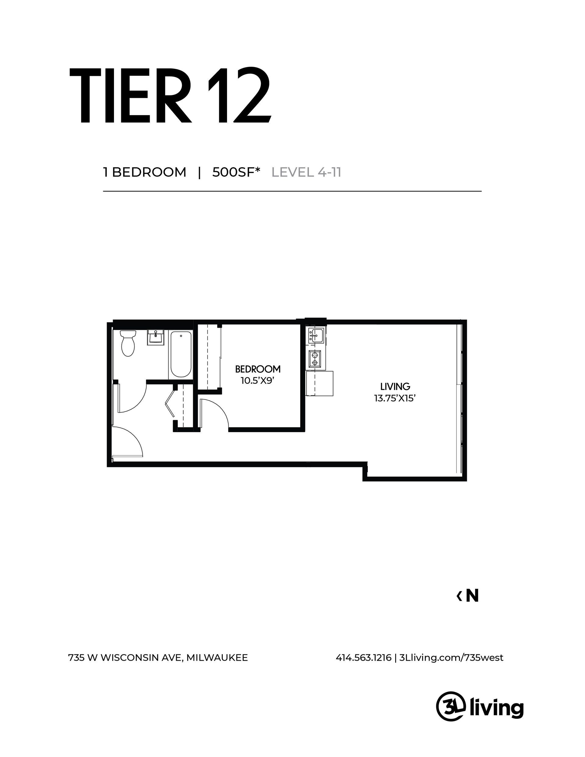 A black and white floor plan of a tier 12 apartment.