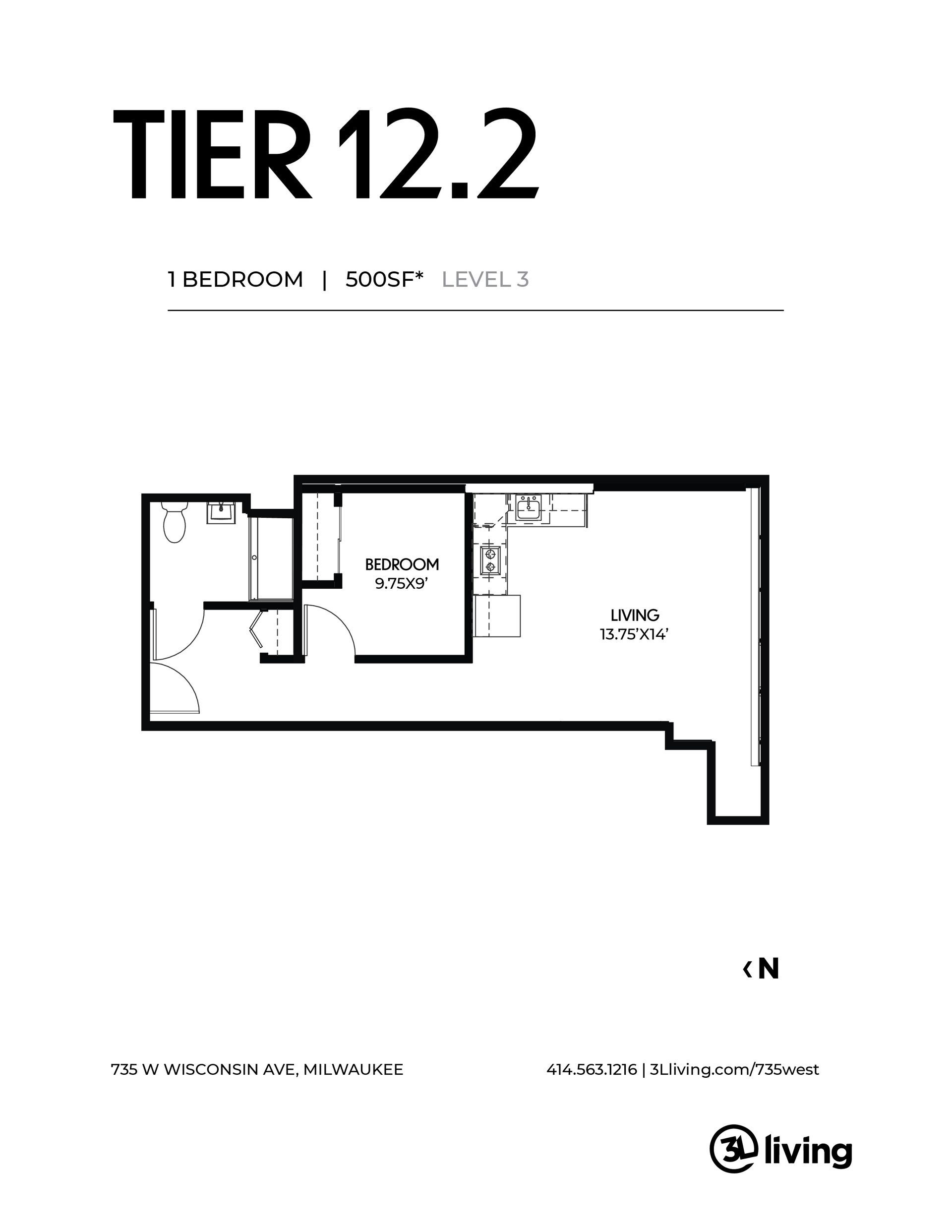 A black and white floor plan of a tier 12.2 apartment.