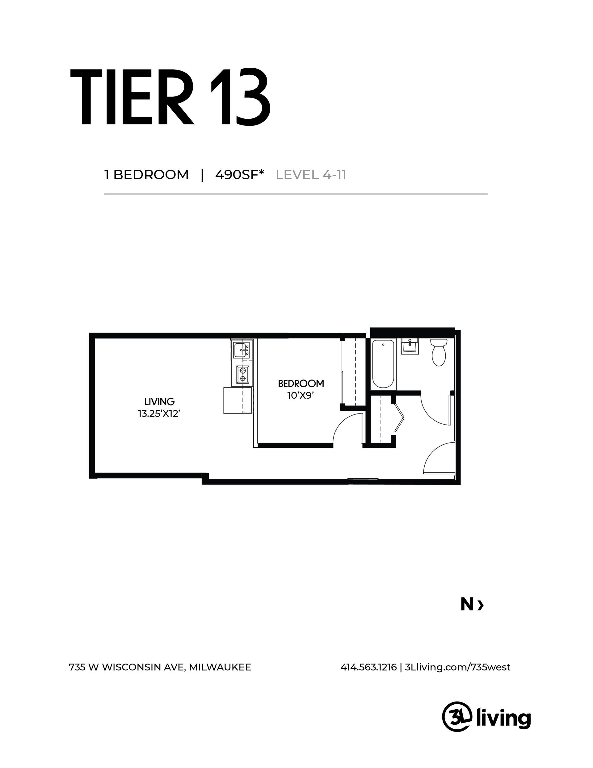 A black and white floor plan of a tier 13 apartment.