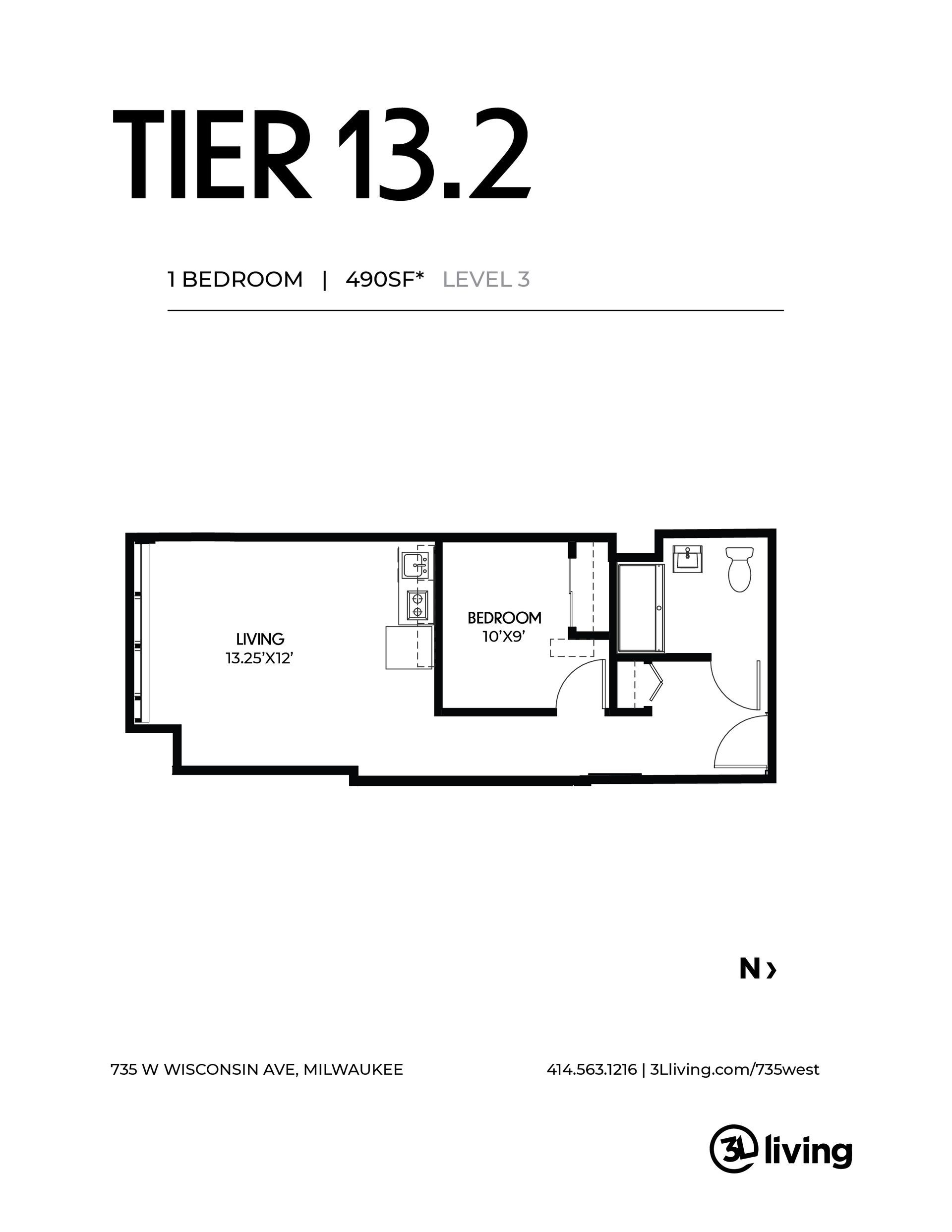 A black and white floor plan of a tier 13.2 apartment.