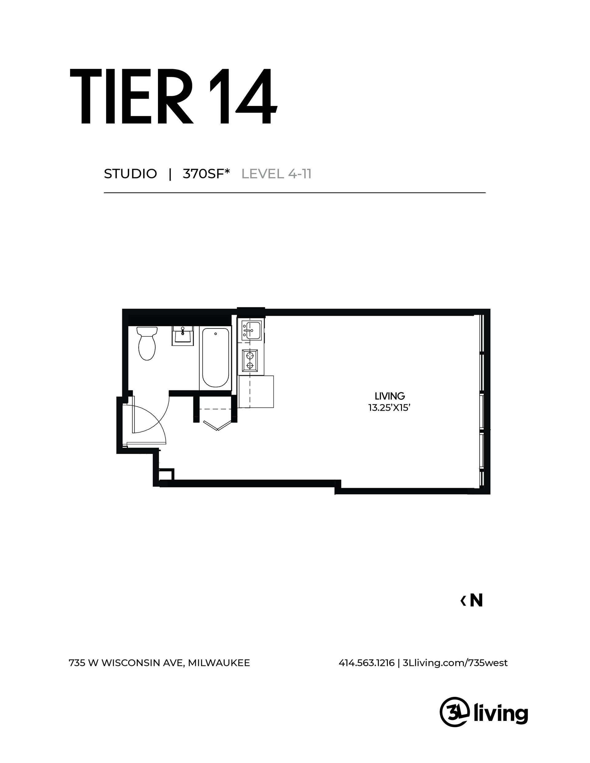 A black and white floor plan of a tier 14 apartment.