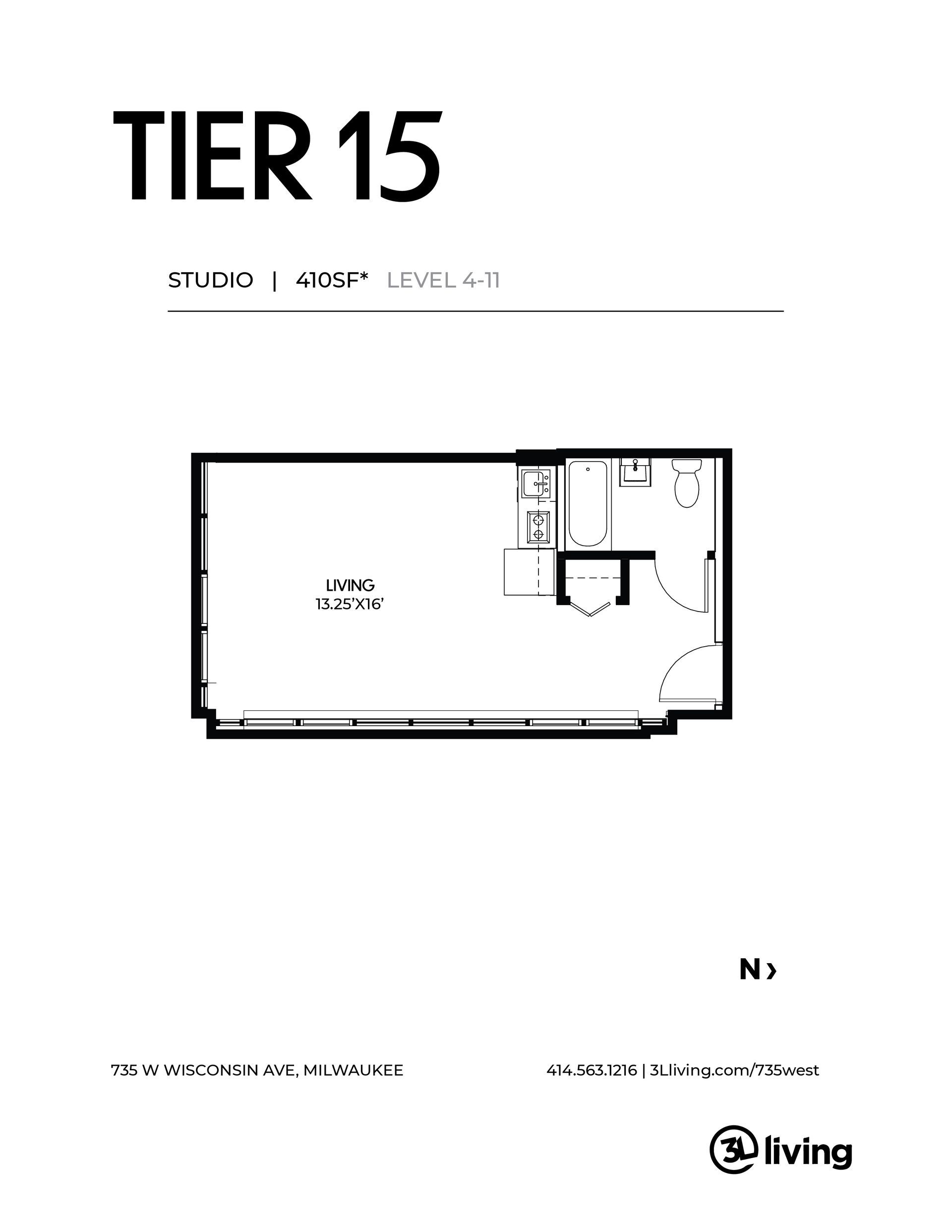 A black and white floor plan of a tier 15 apartment.