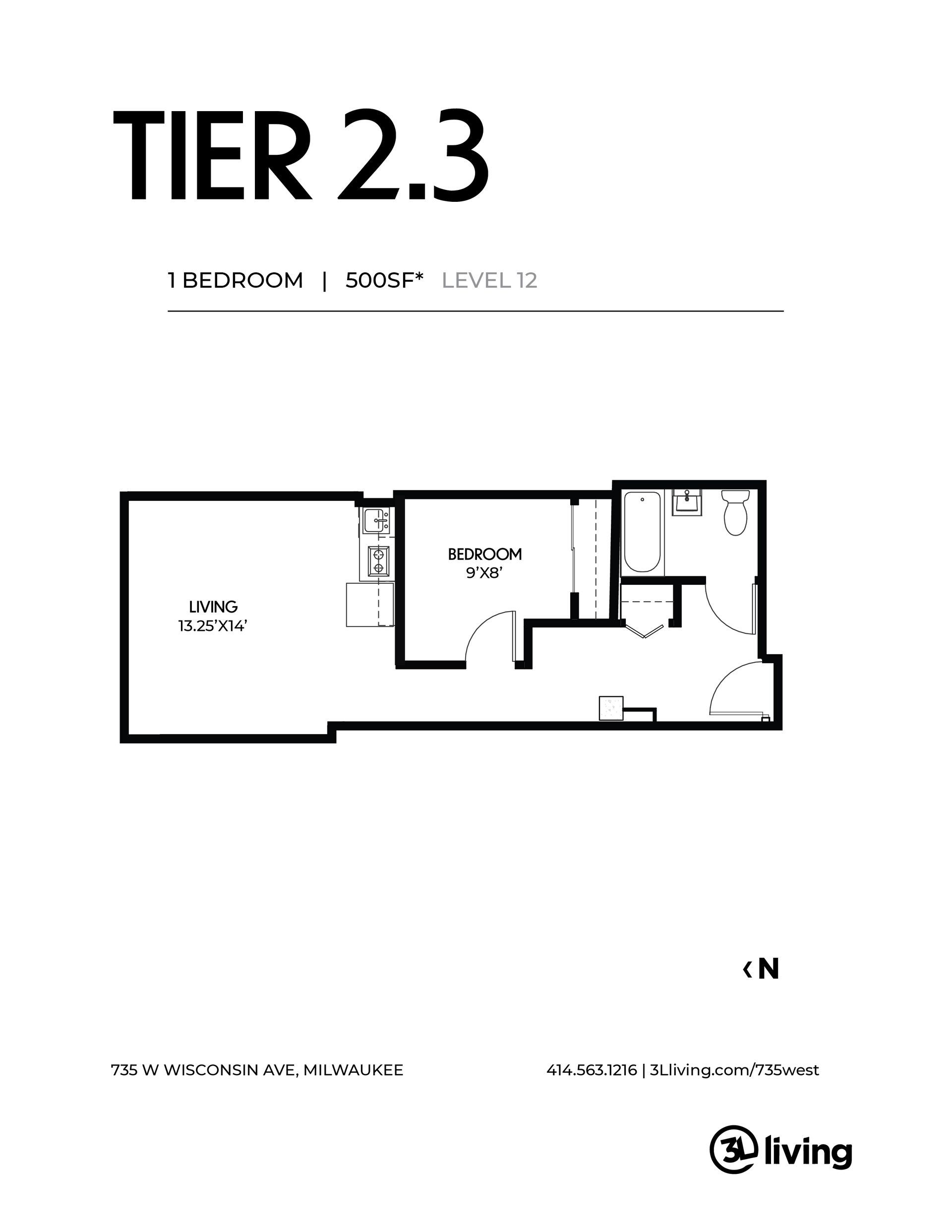 A black and white floor plan of a tier 2.3 apartment.