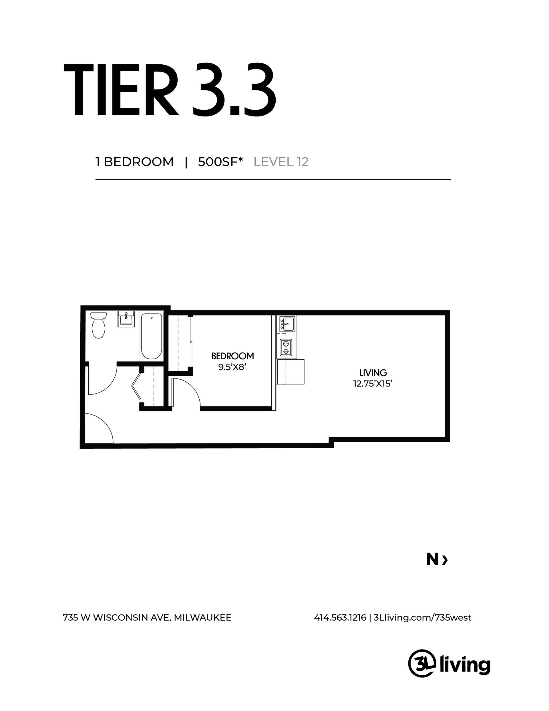 A black and white floor plan of a tier 3.3 apartment.