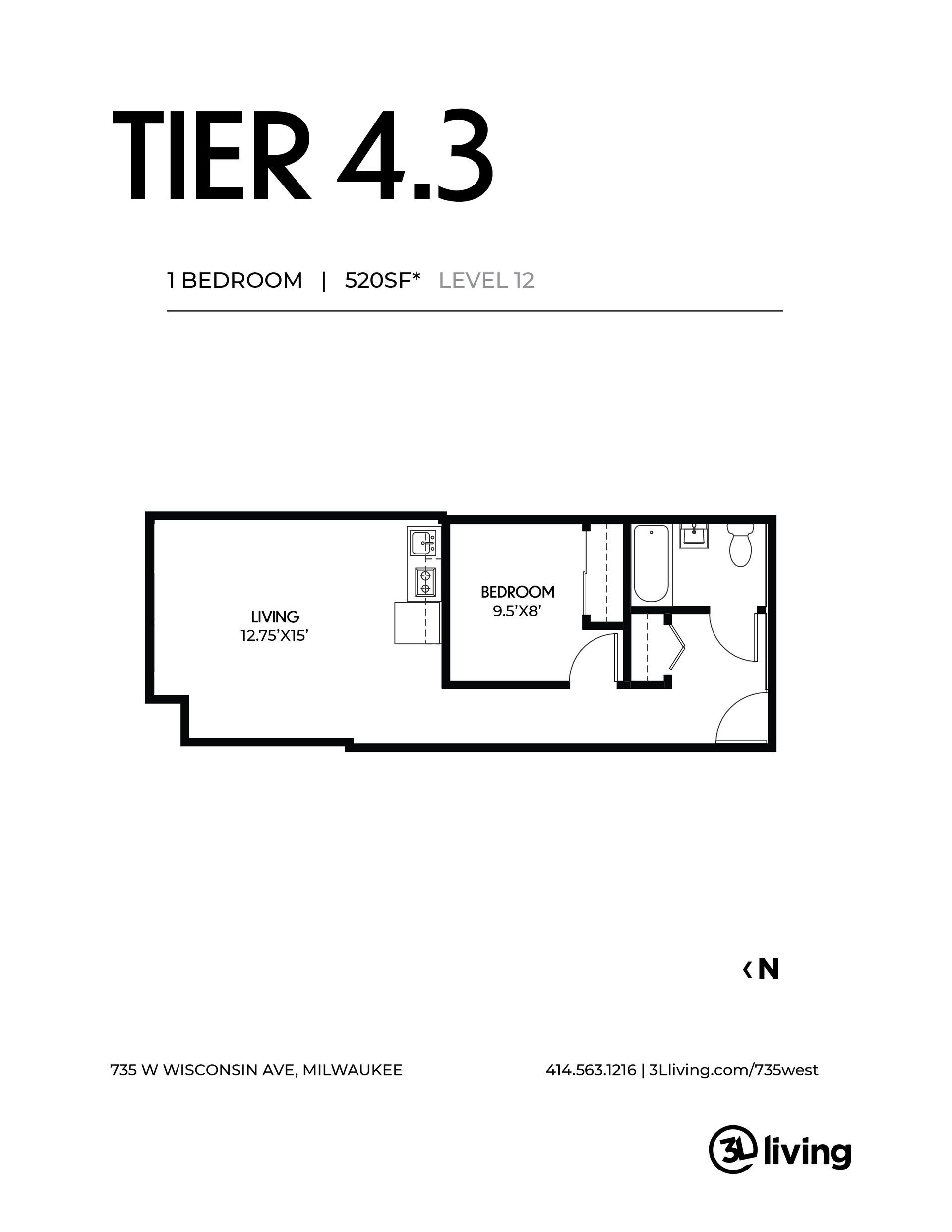 A black and white floor plan of a tier 4.3 apartment.