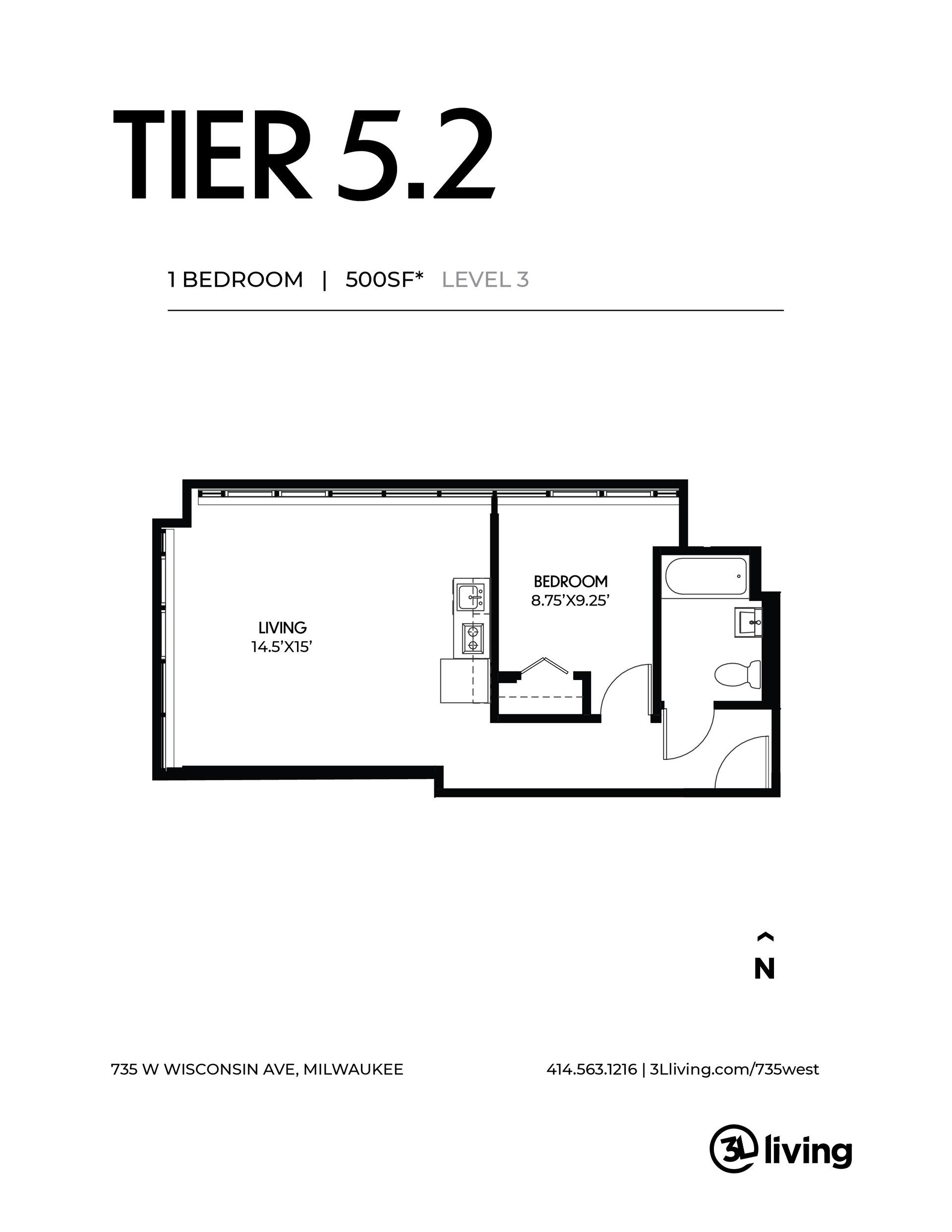 A black and white floor plan of a tier 5.2 apartment.