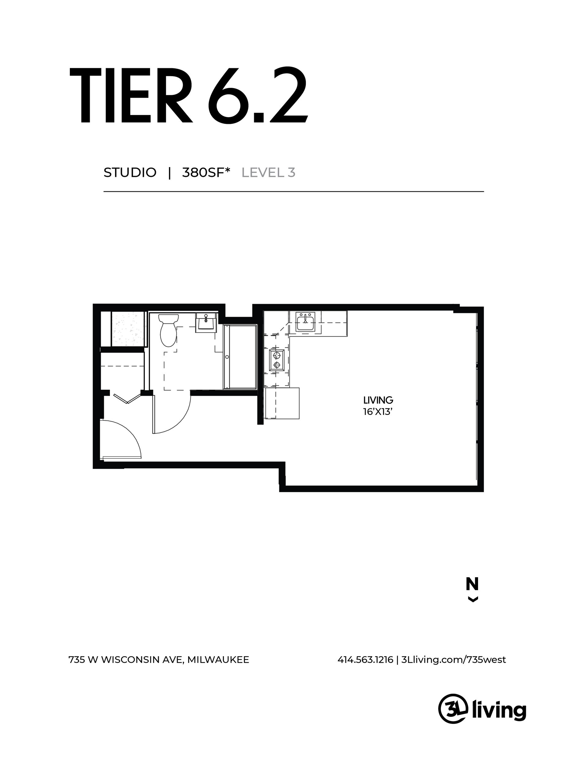 A black and white floor plan of a tier 6.2 apartment.