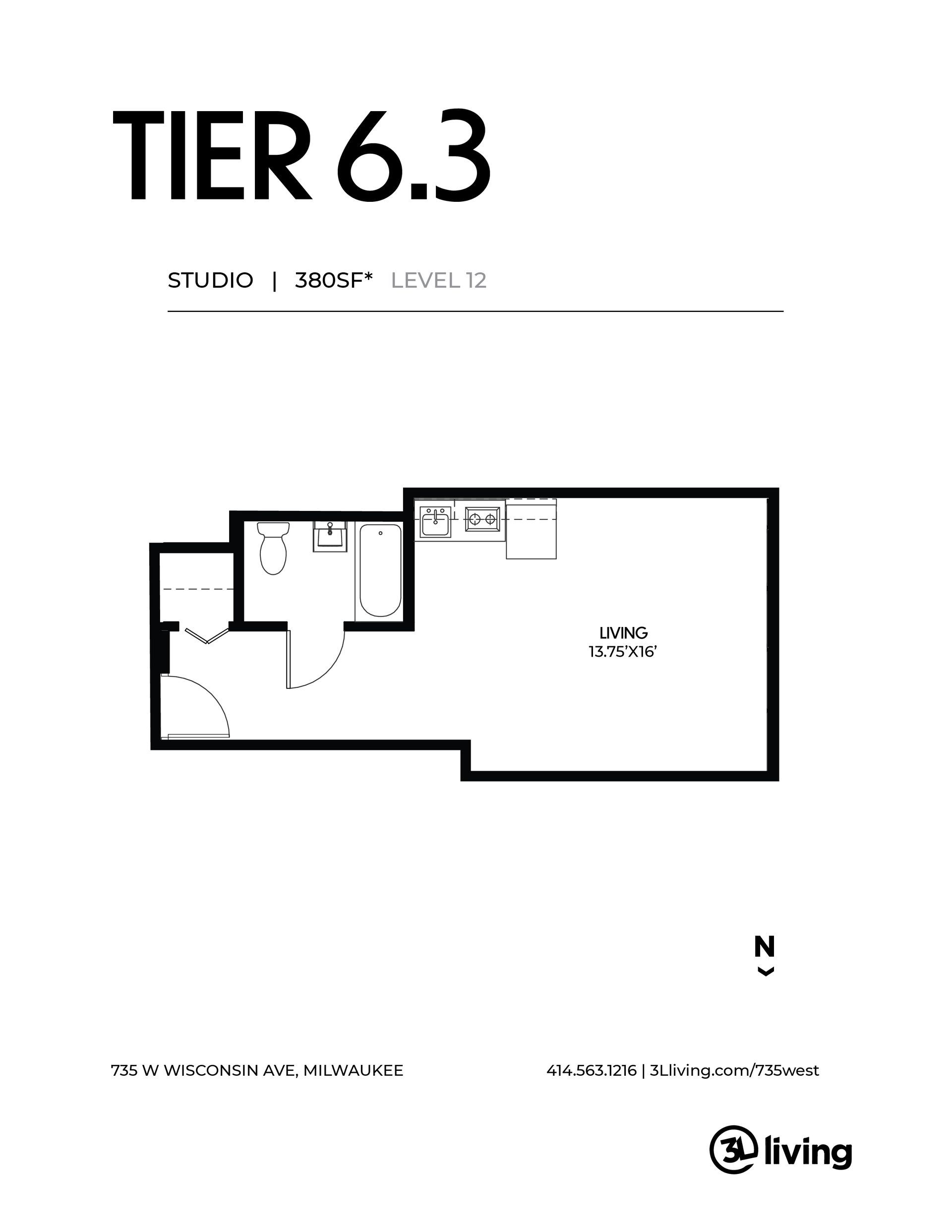 A black and white floor plan of a tier 6.3 apartment.