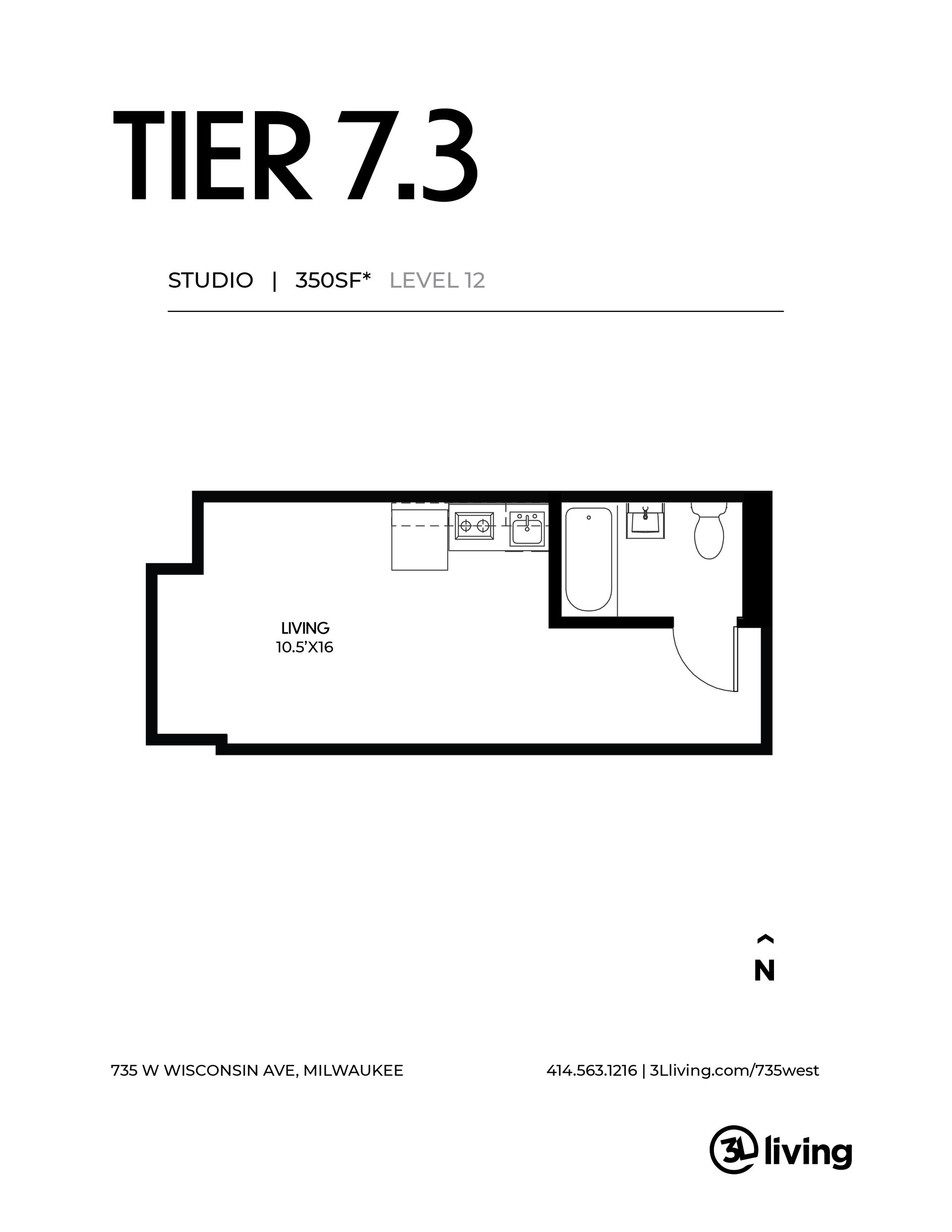 A black and white floor plan of a tier 7.3 apartment.