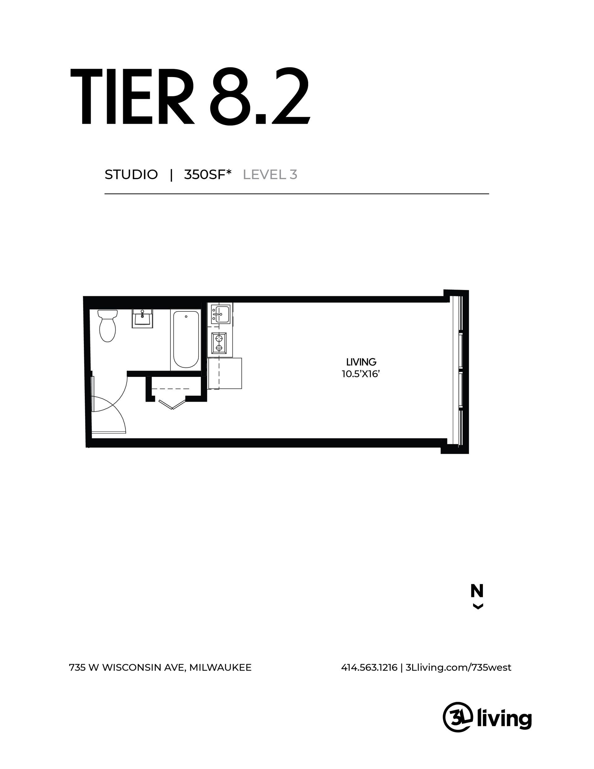 A black and white floor plan of a tier 8.2 apartment.