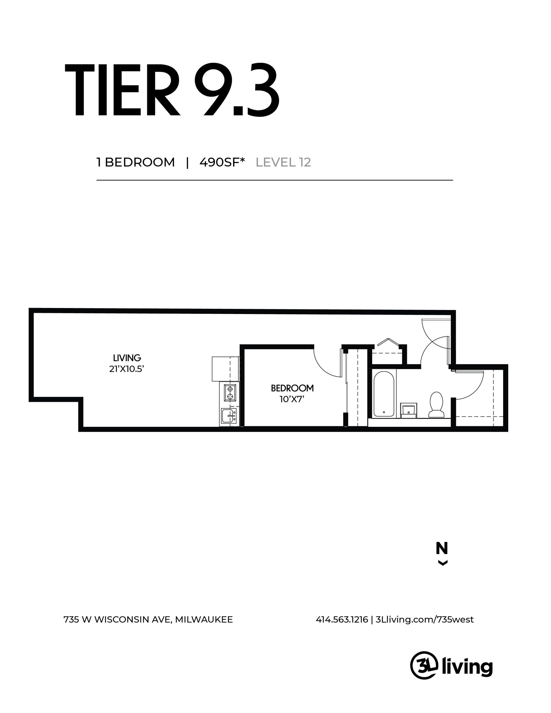 A black and white floor plan of a tier 9.3 apartment.