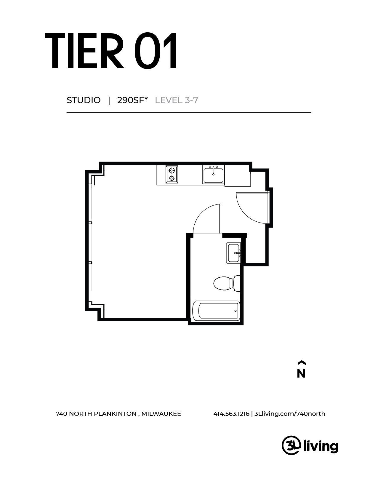 A black and white floor plan of a studio apartment.