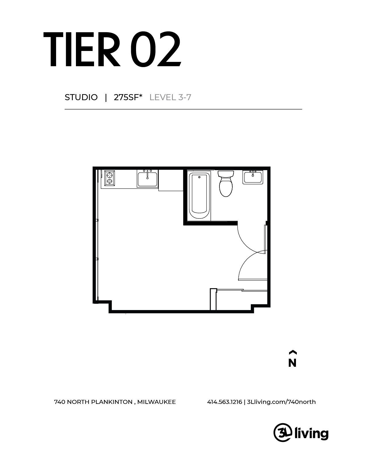 A black and white floor plan of a tier 02 apartment.