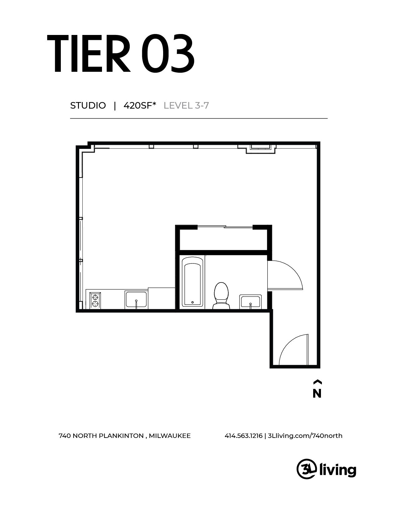 A black and white floor plan of a tier 03 apartment.