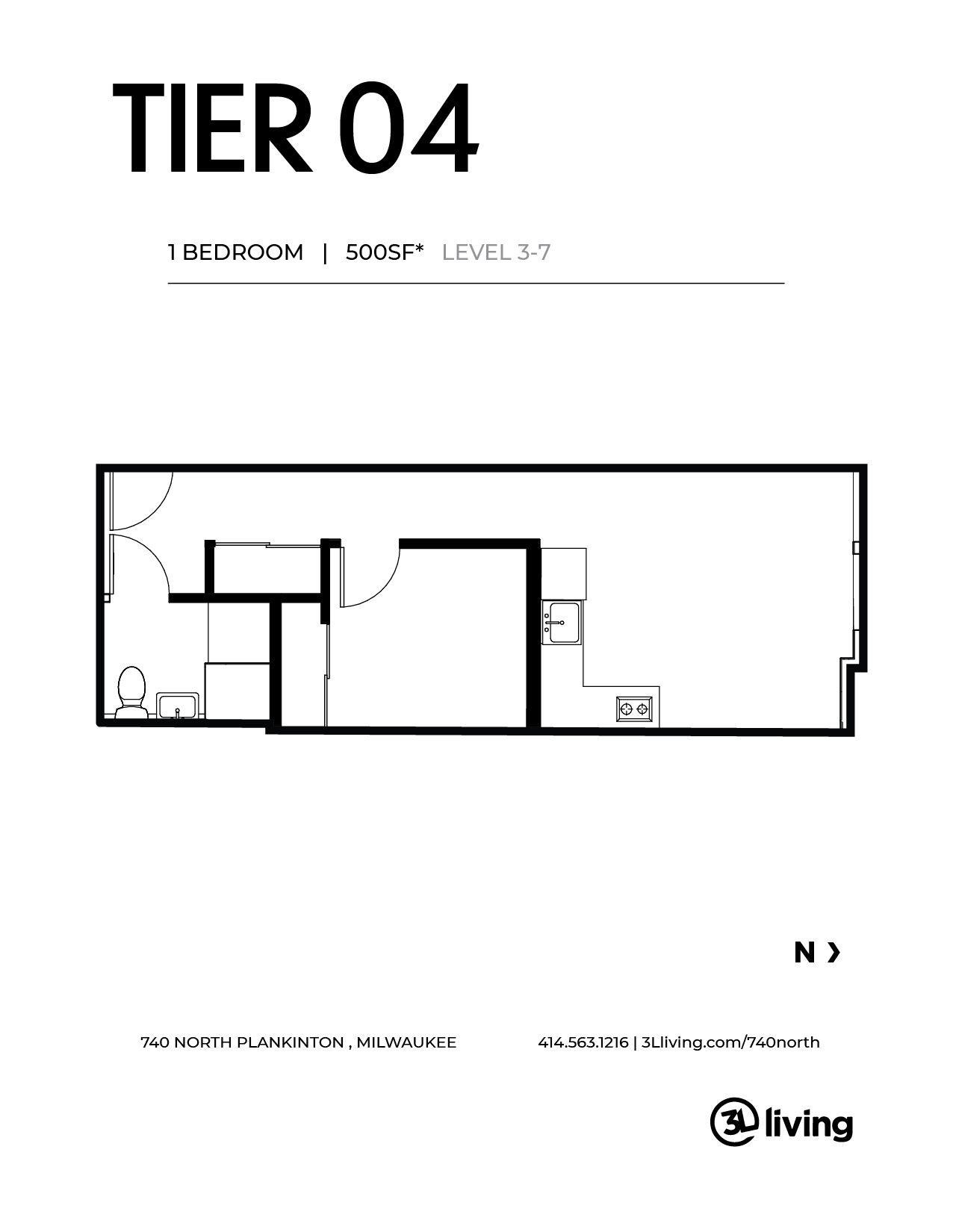 A black and white floor plan of a tier 04 apartment.