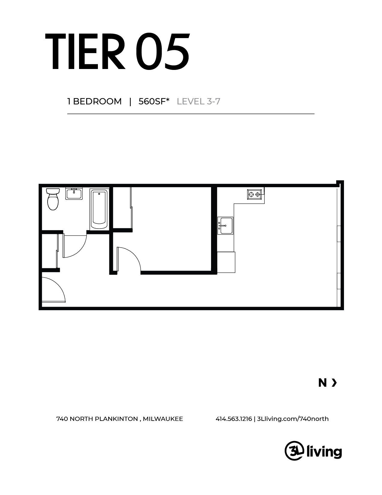 A black and white floor plan of a tier 05 apartment.