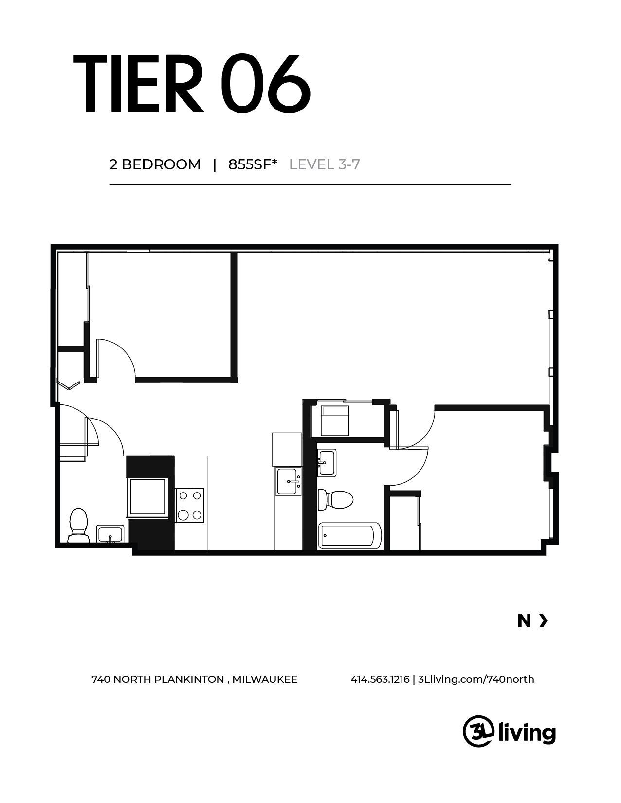 A black and white floor plan of a tier 06 apartment.